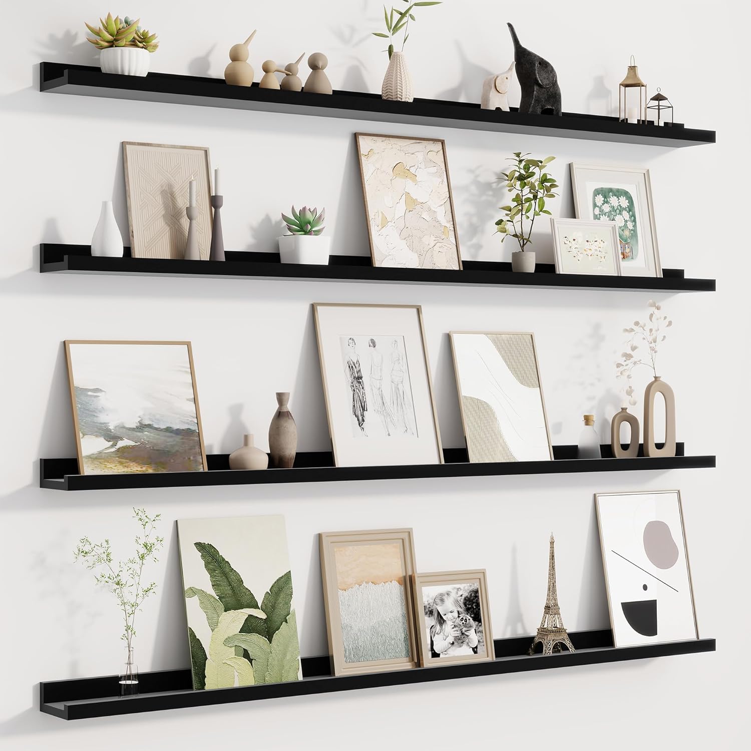 Fun Memories Picture Ledge Shelf for Wall, Floating Shelves Set of 4, 48 Inch Long Nursery Book Shelves for Toys Storage, Kids Bookshelf Wall Mounted for Books Photo Frames, Black