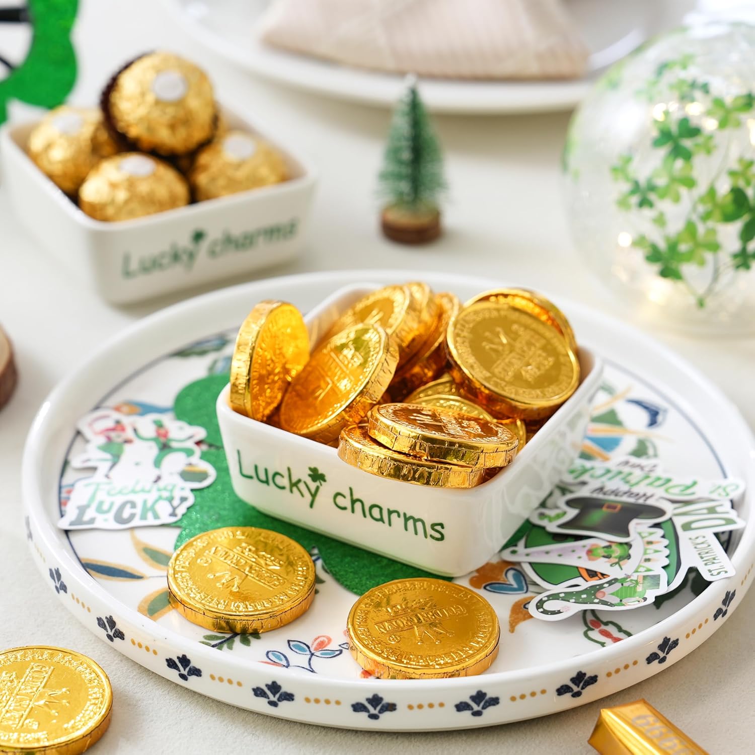 FESTGLOX St Patricks Day Decorations-2pcs Ceramics St Patrick's Day Candy Dish-St Patrick's Candy Storage for Home Kitchen Tiered Tray Table Party Centerpieces
