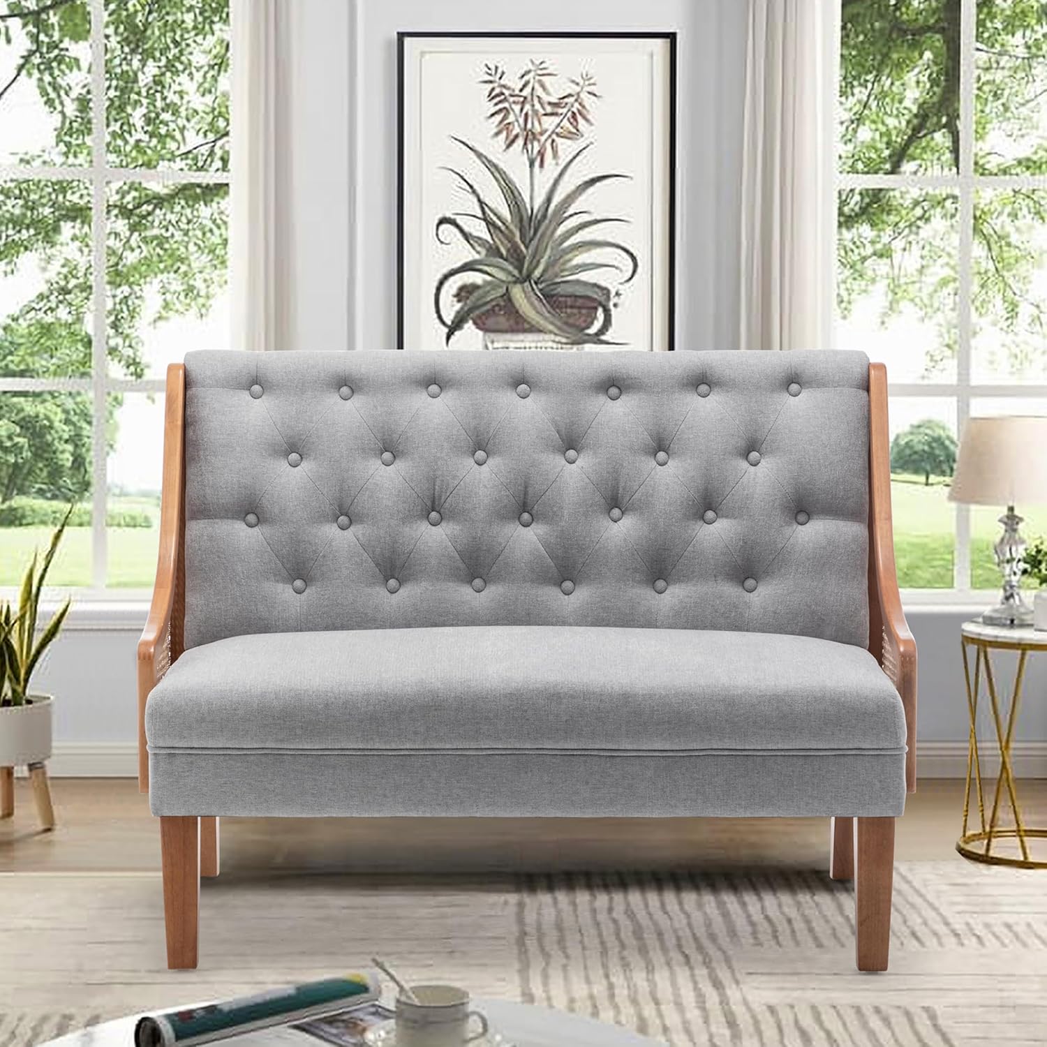 Yongqiang Upholstered Settee Bench Small Loveseat Sofa Rattan Dining Bench with Back Banquette Seating for Kitchen Dining Room Living Room Button Tufted Mini Couch Grey