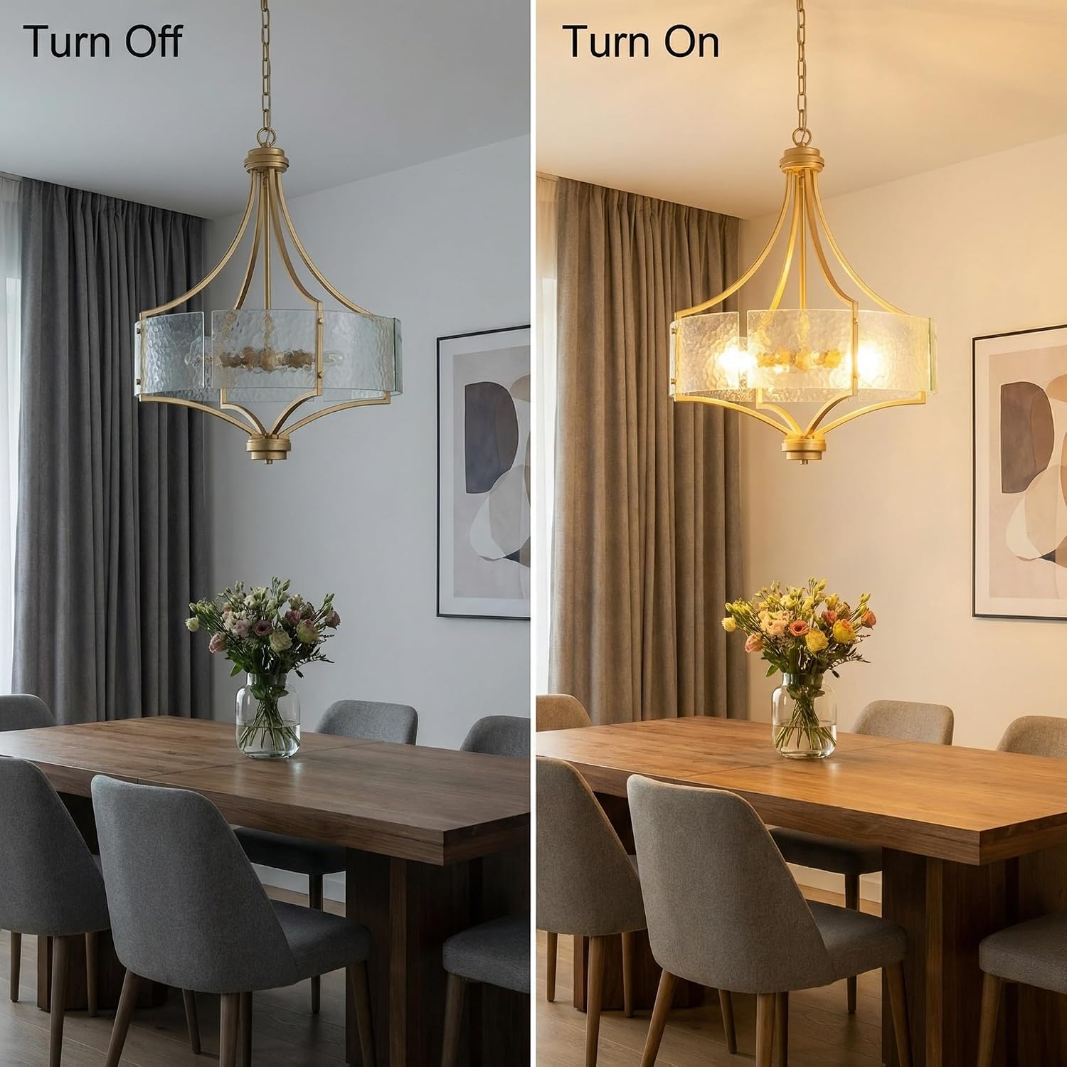 20'' Glod Glass Drum Chandelier, 5-Light Modern Textured Glass Hanging Pendant Light Fixture for Dining Room, Kitchen Island, Living Room, Entryway, E12