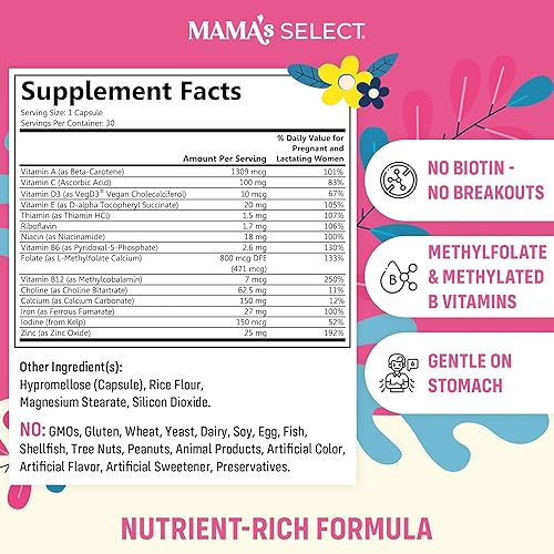 Miniatura 2 de Mama's Select Vitaminas prenatales para mujeres, sin alérgenos, aptas para MTHFR, folato metilado y vitaminas B, fáciles de digerir, apoya el