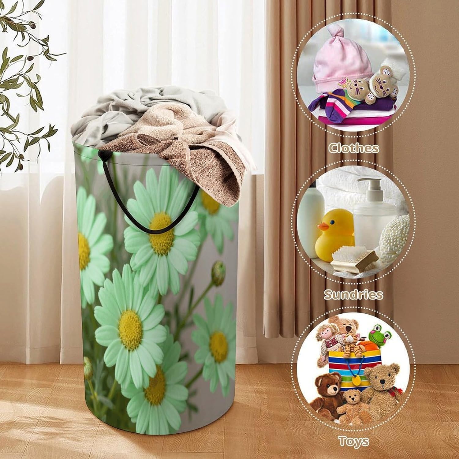 Daisy Pastel Green Laundry Hamper Portable Lightweight Clothes Hampers Fashion Dirty Laundry Storage Basket Large Capacity Foldable Clothes Baskets for Bathroom Bedroom