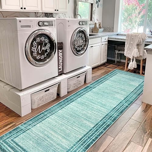 Miniatura 5 de Lahome Alfombra moderna abstracta verde azulado de 2.5 x 10 pies, lavable, antideslizante, resistente a las manchas, parte trasera de goma,