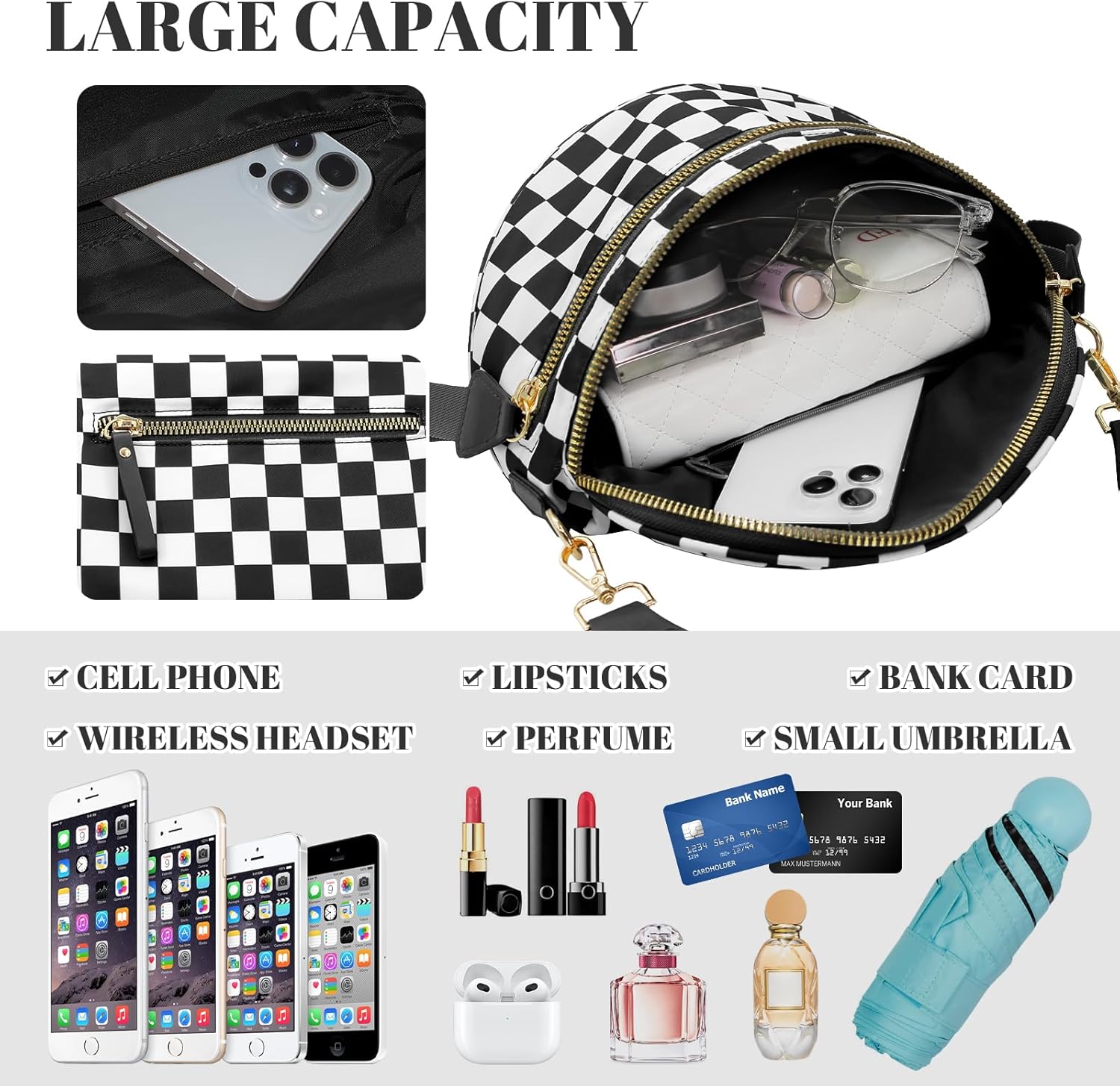 WOOMADA Checkered Crossbody Bag Bum Bag for Women, Spacious Nylon Fanny with Removable Wallets(2pcs-Black Checkerboard)