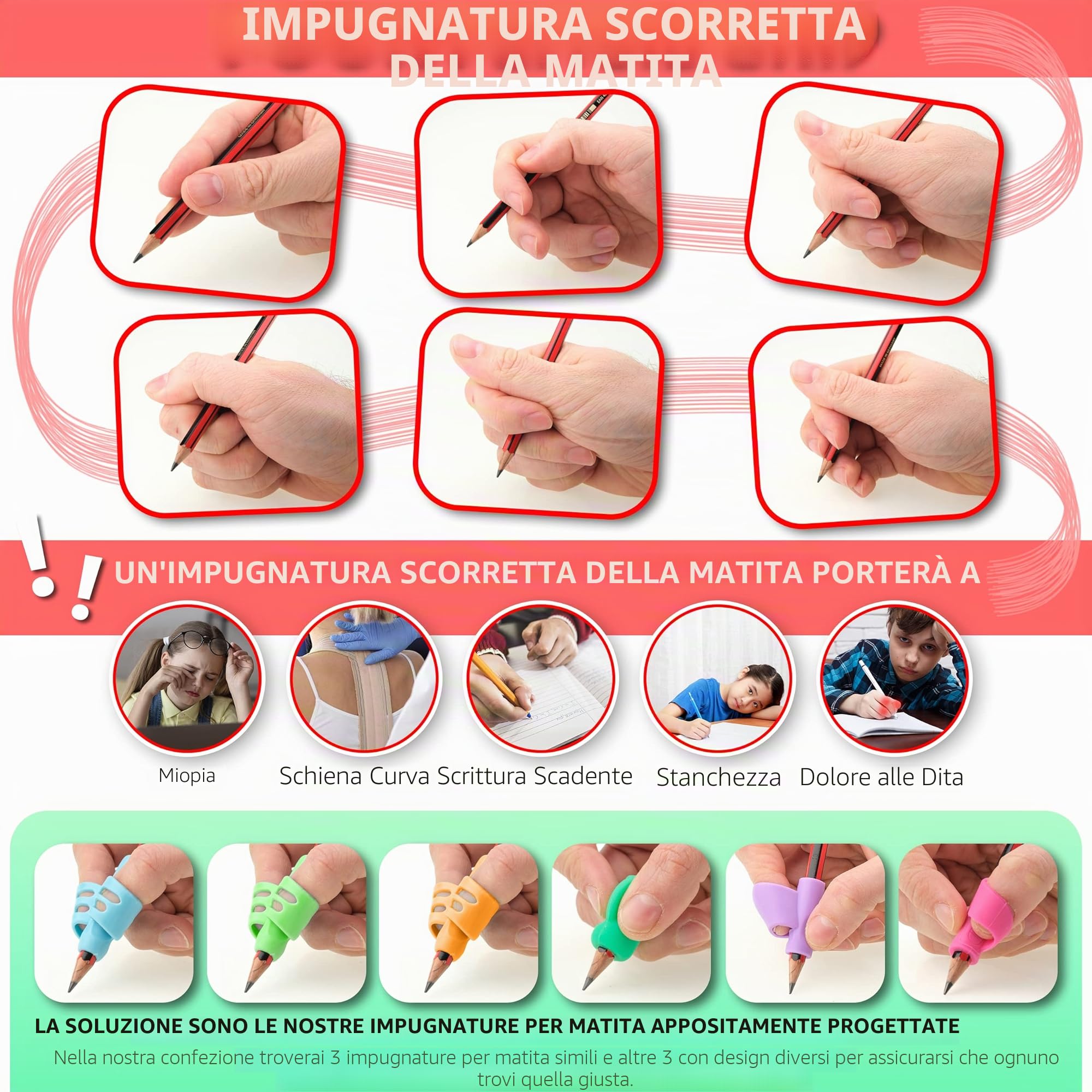 Stylo Impugnatura Matita Bambini, Confezione da 6, Impugnature Ergonomiche