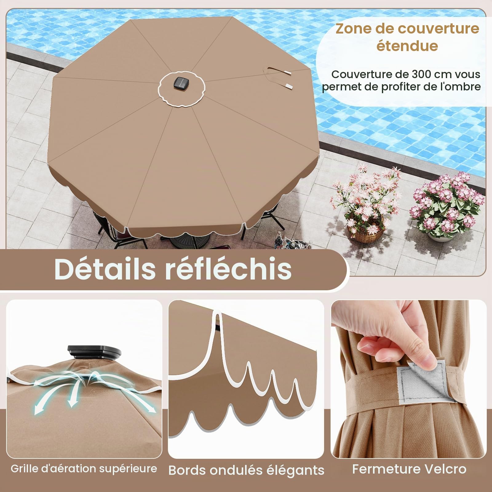 KOMFOTTEU Parasol de Jardin φ3 x 2.53 m avec 24 Lumières LED et Manivelle, Parasol de Balcon pliable, Parasols de Cour Angle inclinable jusqu'à 35°, pour Terrasse, Piscine, Patio