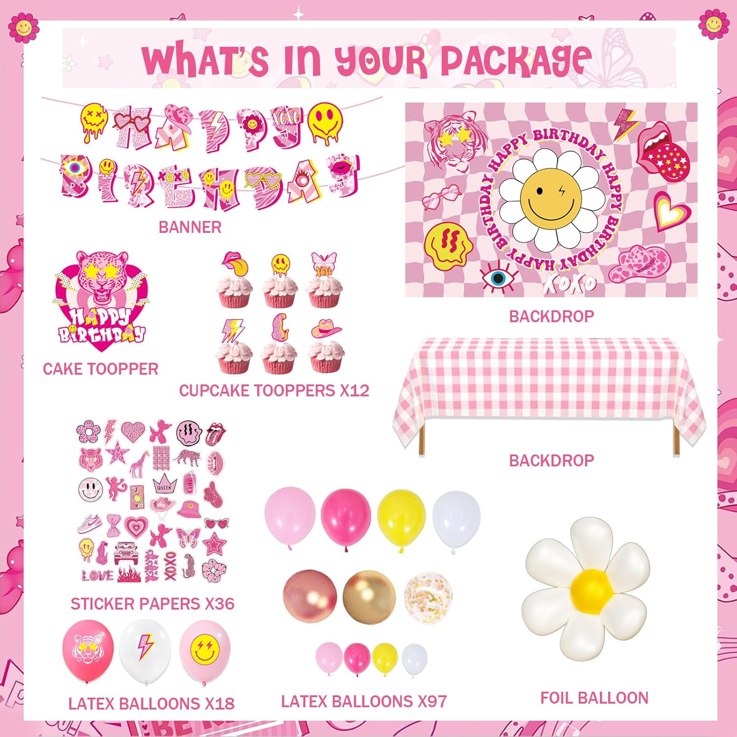Preppy Birthday Decorations - Y2K Smiley Face Party Pack, Pink & Yellow Backdrop Banner, Balloon Garland, Tablecloth, Cake & Cupcake Toppers, Stickers & Cutouts