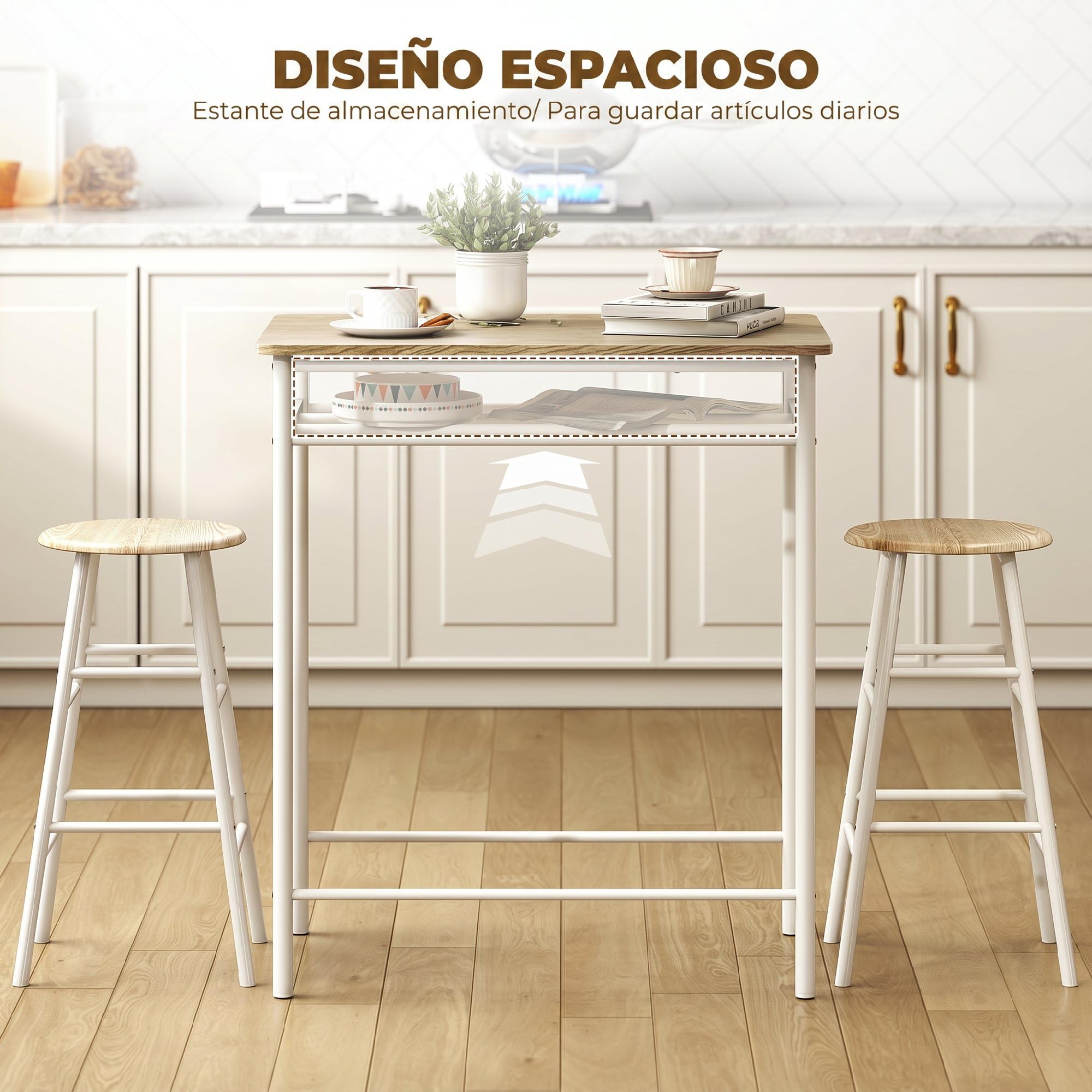 HOMCOM Juego de Mueble de Bar Set de Mesa Alta y 2 Taburetes con Estante de Almacenamiento y Marco de Metal para Cocina Comedor 80x50x90 cm Blanco