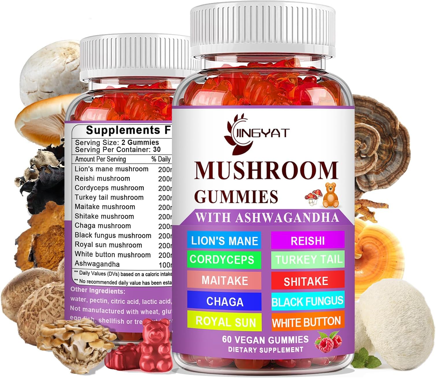10-in-1 Mushroom Gummies with Ashwagandha, Blend with Lions Mane, Cordyceps, Reishi and More, Natural Vegan Mushroom Complex Supplement for Immune, Energy, Clarity & Cognitive