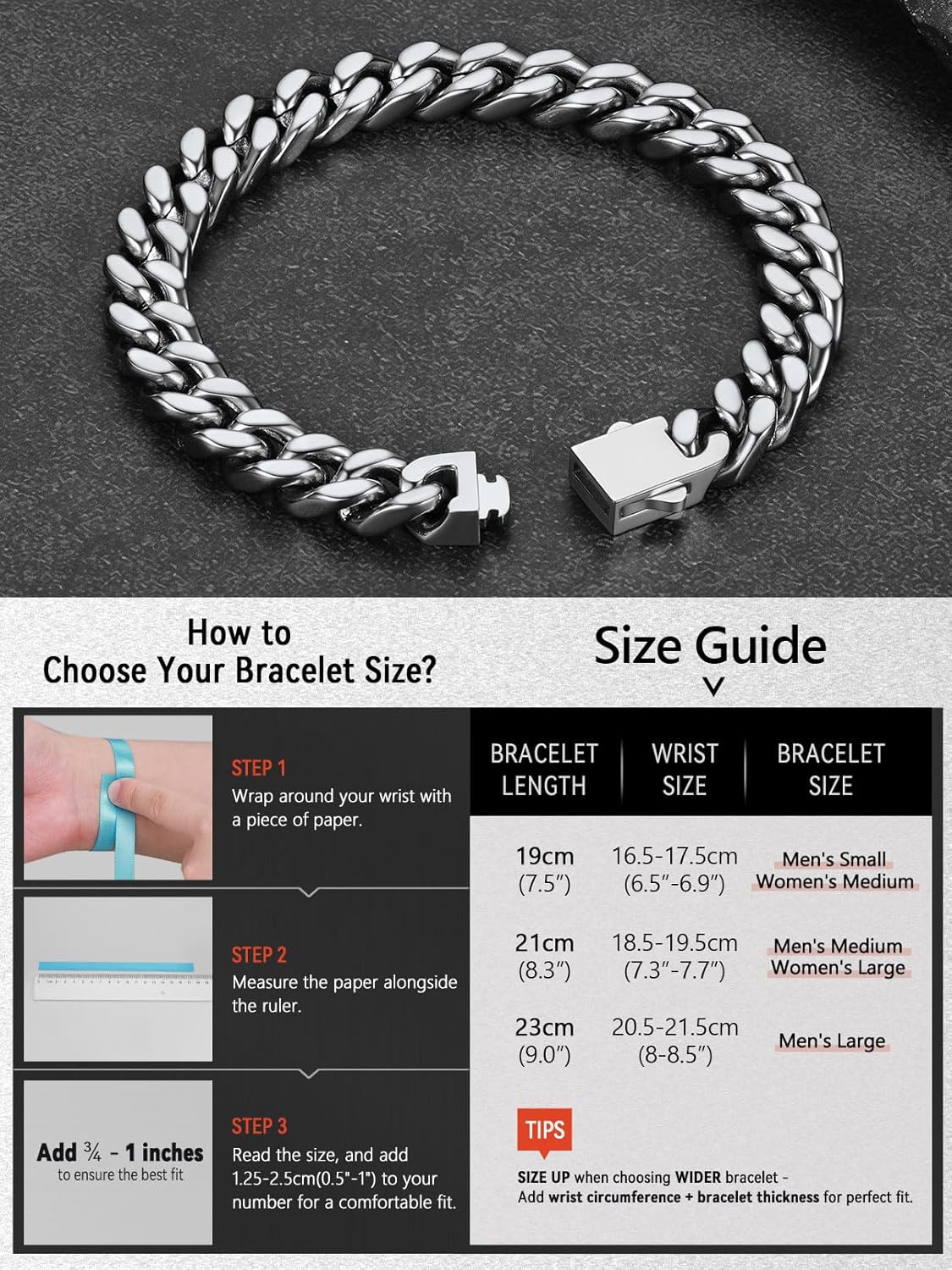 FaithHeart Cuban Link Bracelet for Men, Silver/Black/14K Gold Plated Stainless Steel Wrist Link Hip Hop Chain Bracelets, 5mm/7mm/9mm/12mm Width, 7.5"/8.3"/9" Length, with Gift Box - Image 7