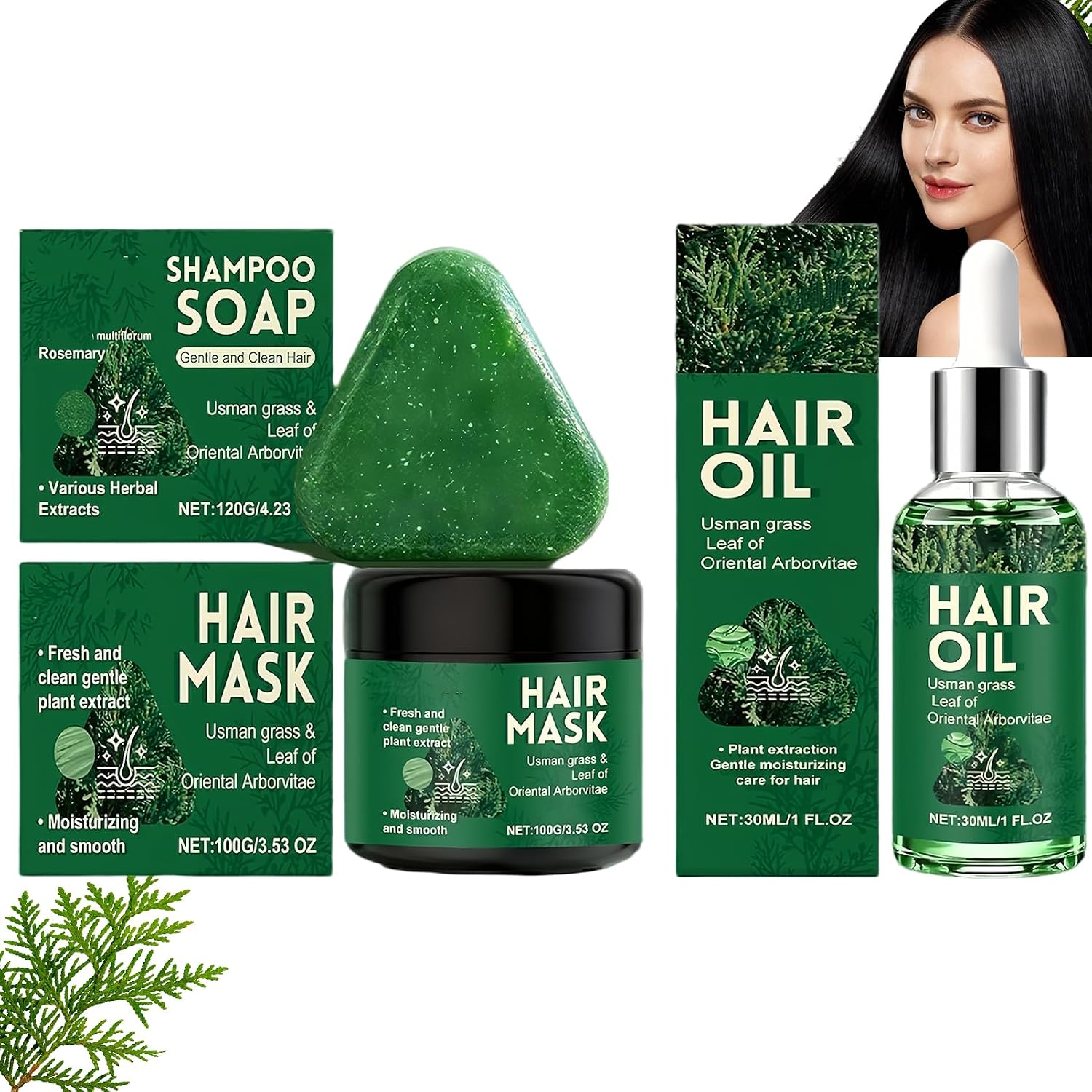 NovaCharm Usman Grass Hair Care Set, 3-Step Herbal Hair Care Kit with 120g Shampoo Bar, 30ml Moisturizing Hair Oil Serum & 100g Nourishing Hair Mask, Gentle Daily Hair Care Set for Women & Men