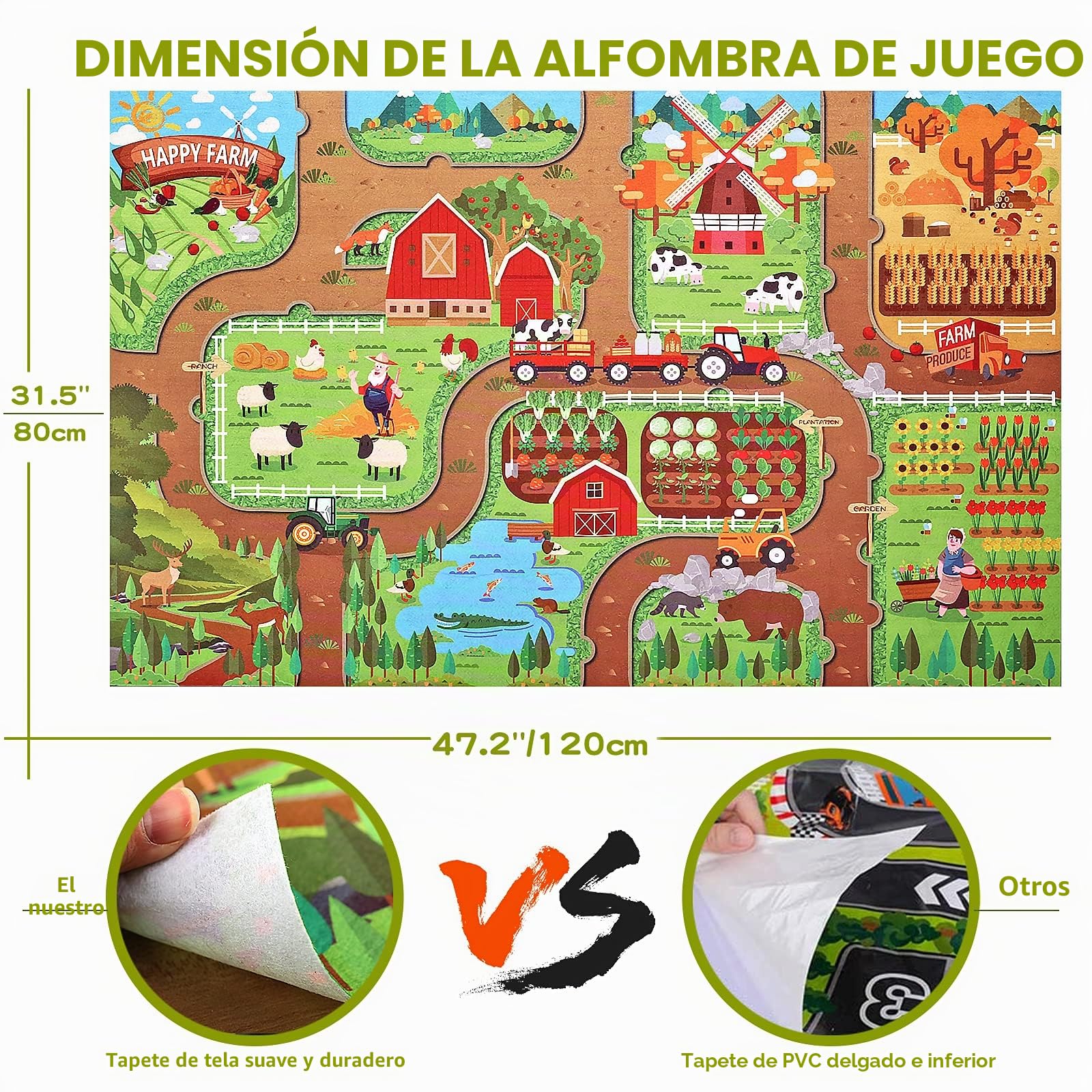 Oriate Juego de tractor de granja de 34 piezas, juego de vehículos fundidos a presión, tamaño grande de 4.8 pulgadas, juguete de tractores para niños, regalo de cumpleaños para niños, alfombra de