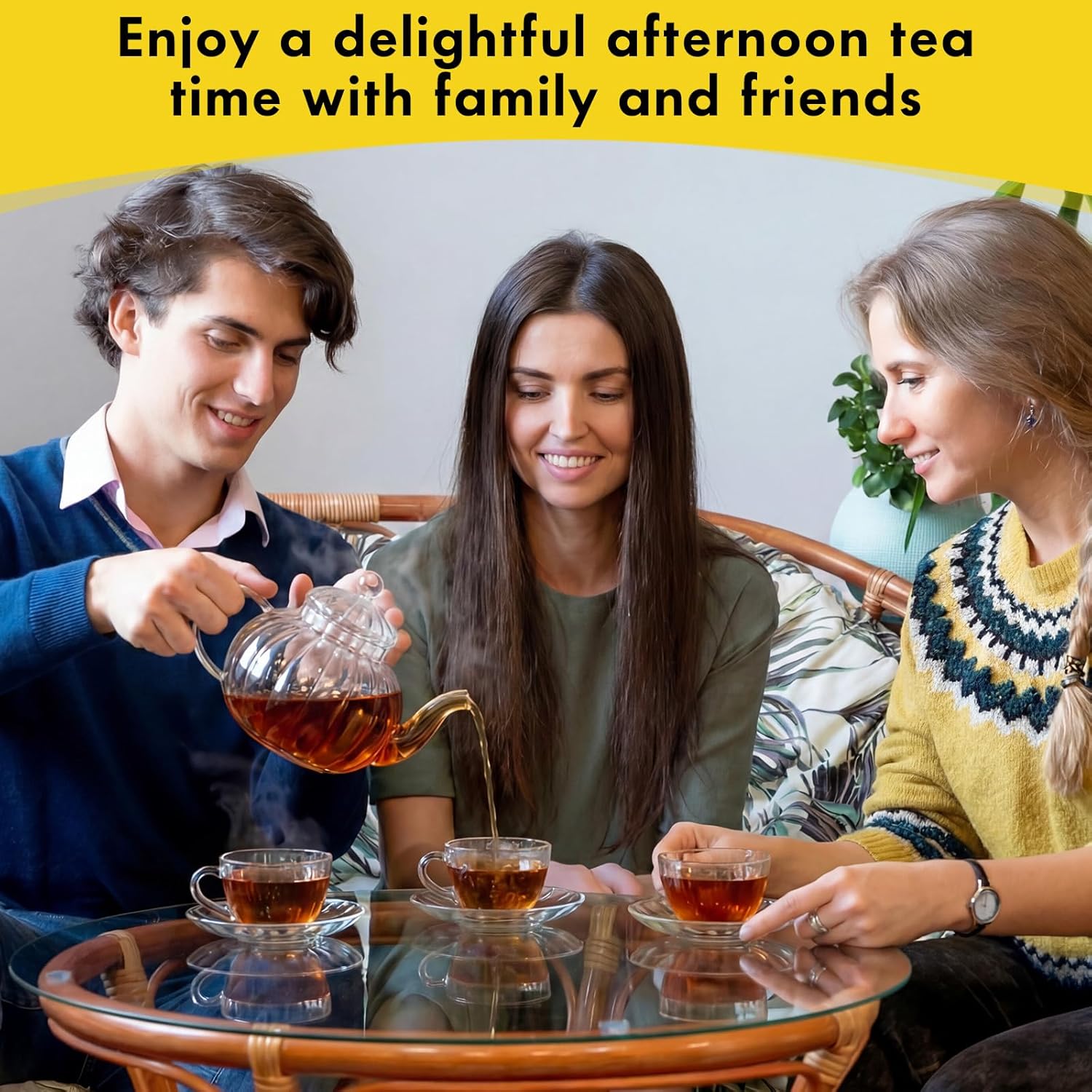 Glass Teapot Set 34 Oz/1000 ml Tea Kettle with Removable Infuser Tea Cups and Saucers Set of 6 Borosilicate Glass Pot for Blooming & Loose Leaf