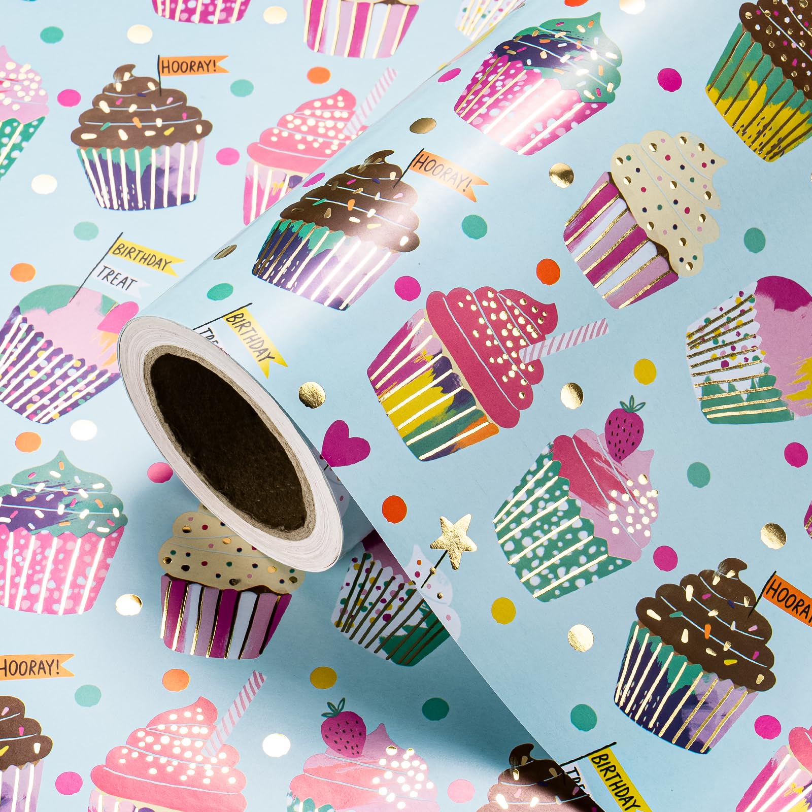 WRAPAHOLIC Kids Birthday Wrapping Paper Roll - Mini Roll - 17 Inch x 16.5 Feet - Colorful Cupcake Light Blue Wrapping Paper with Metallic Foil for Kids Boys Girls, Baby Shower, Cake Smash