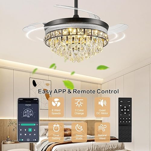 Miniatura 6 de Ventilador de techo de 42 pulgadas con luz, ventilador de araña para dormitorio, sala de estar, LED regulable, ventilador de techo retráctil de