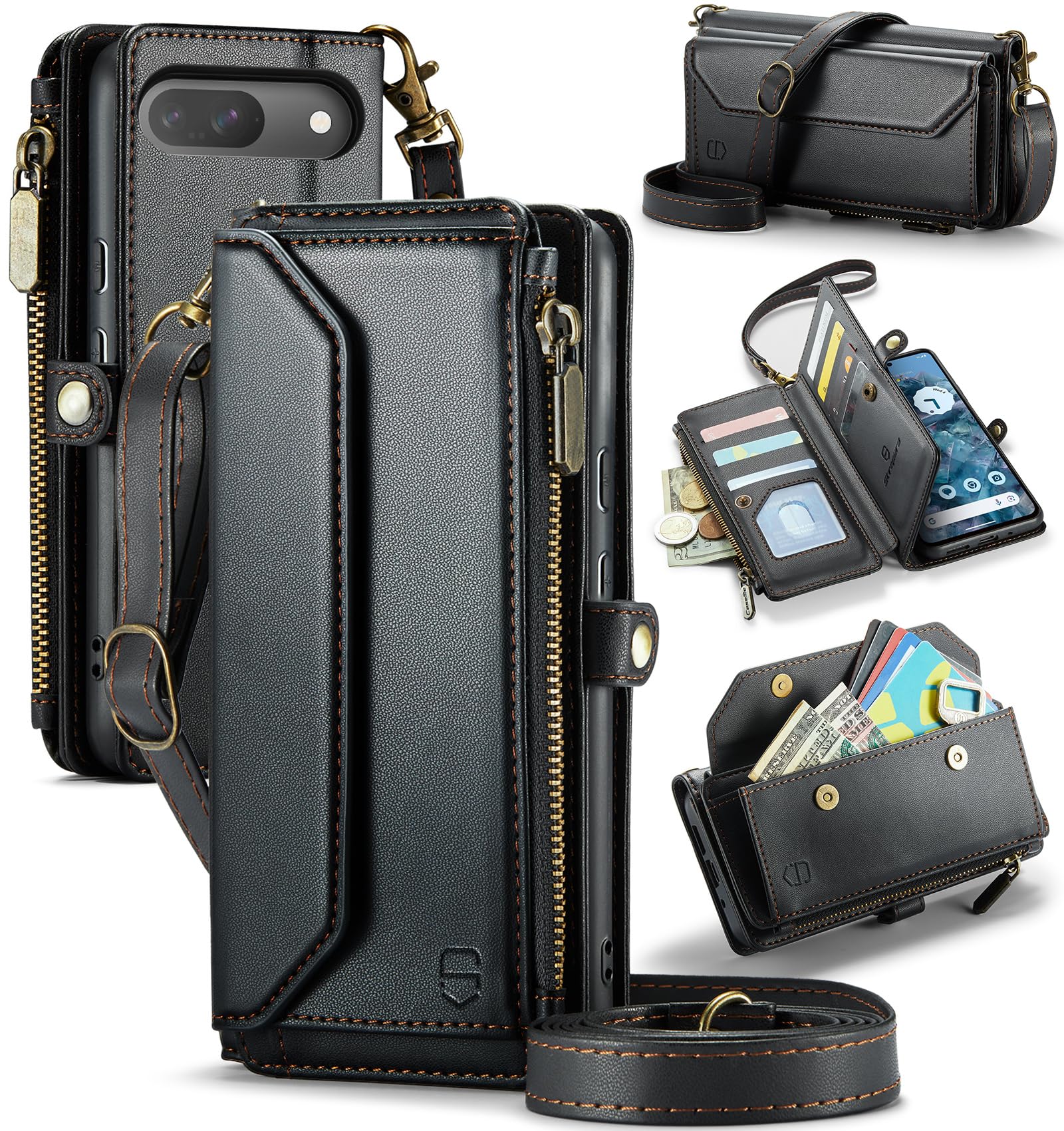 Strapurs Crossbody Wallet Case Compatible with Google Pixel 9/9 Pro RFID Blocking 10-Card Holder Soft PU Leather Magnetic Snap Shoulder Strap Zipper