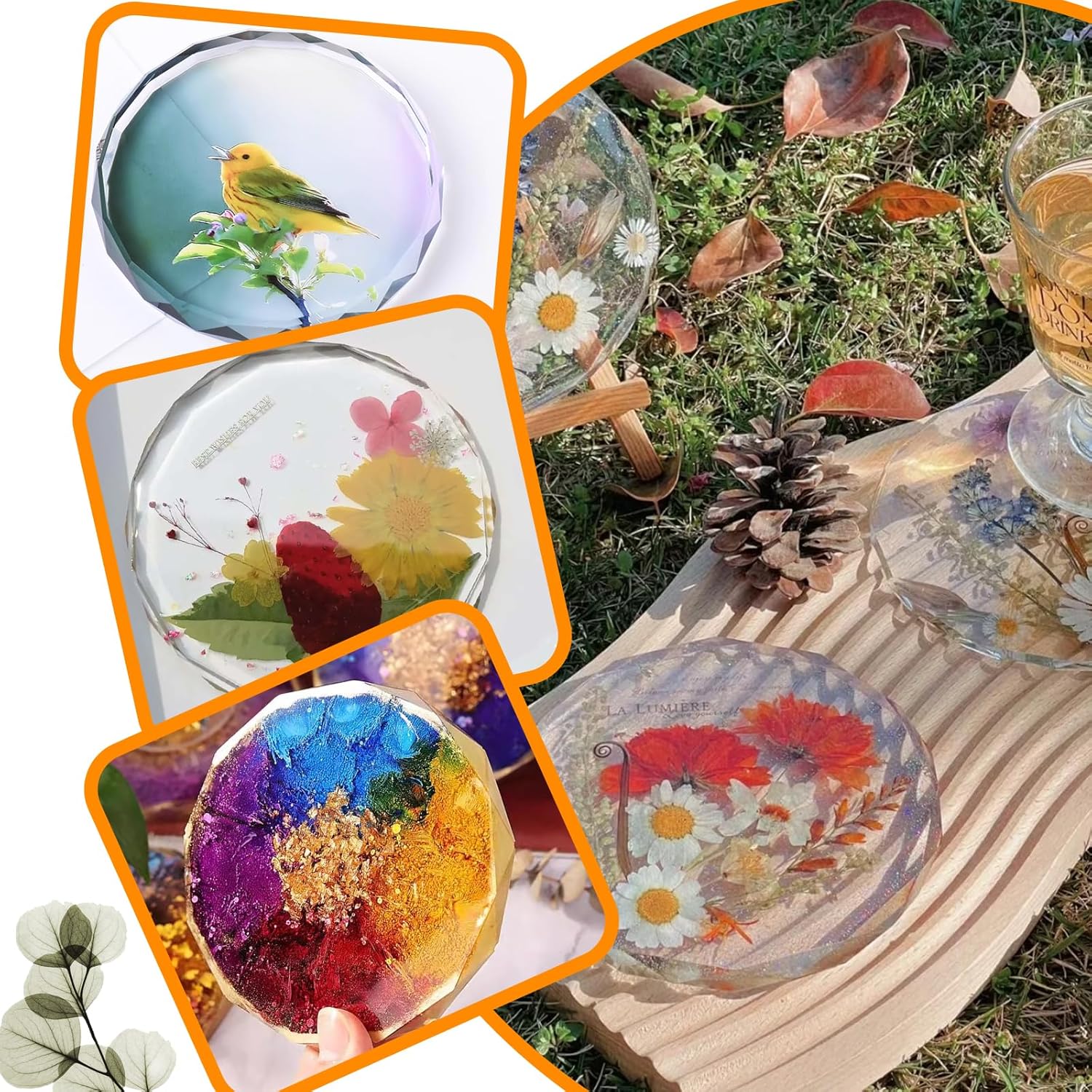 4 Pack Resin Coaster Molds, 5.2 Inch Round Coaster Geode Diamond Edge Crystal Coaster Silicone Molds for Epoxy Resin Flower Bouquet Preservation, Cups Mats, DIY Craft