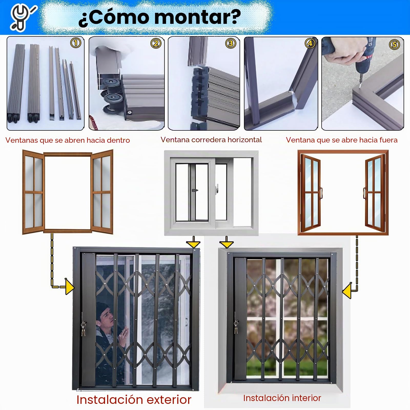PEYNIR Rejas para Ventanas Exteriores Protectores de Puerta de Entrada para Perros/niños, con Cerradura Aluminio Puerta antirrobo Plegable y corrediza Valla de Seguridad(White,W120 x H180cm)