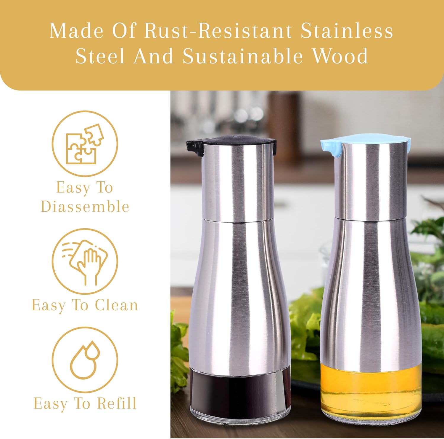 2LB Depot Oil and Vinegar Dispenser Set - Brushed Steel & Glass Containers with Anti-Drip Spout Lid - Easy-Clean - Olive Oil Dispenser Bottle - Minimalist Kitchen Accessory - 7.1"H x 2.7"L x 2.7"W image 4