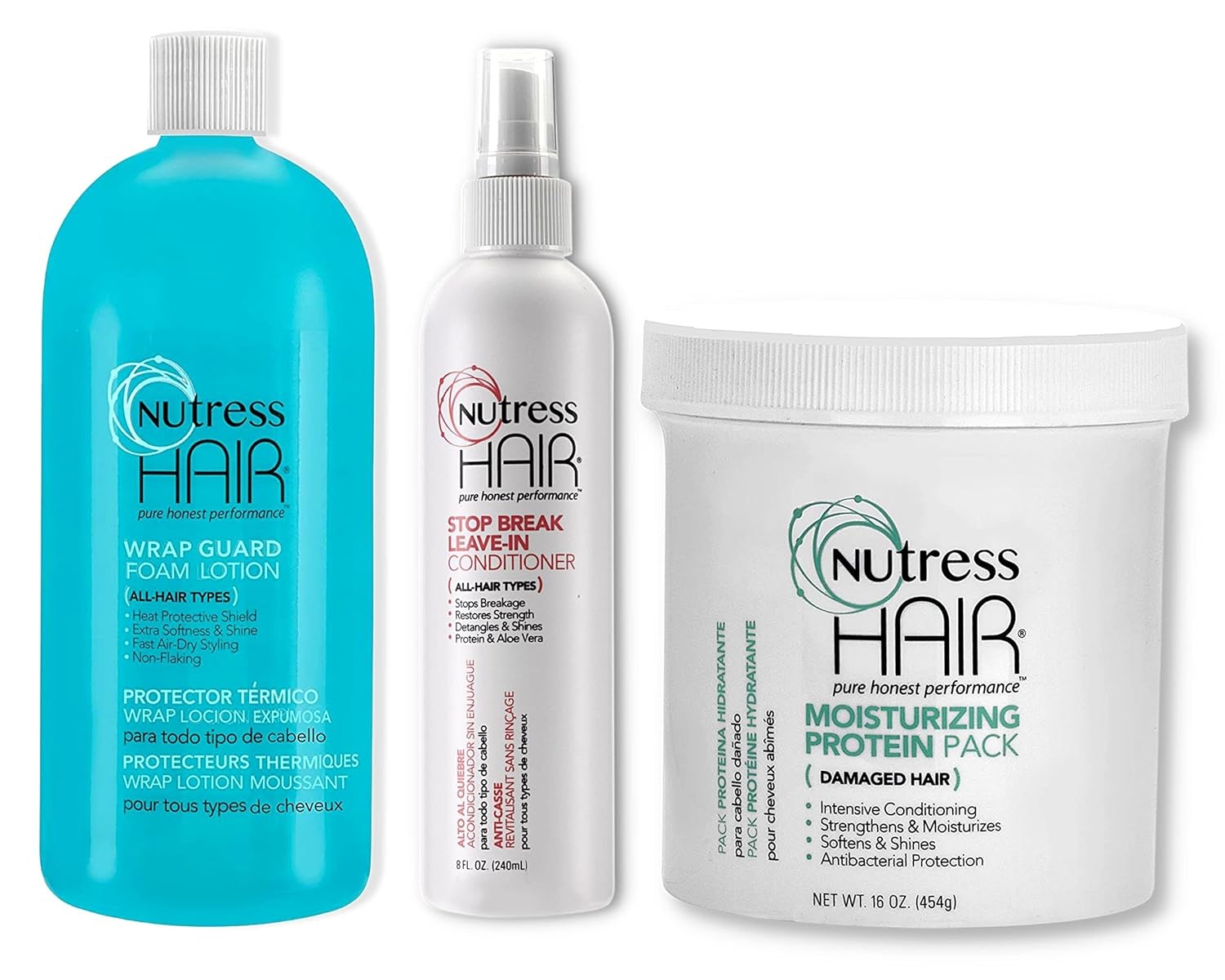 Hair Care Bundle (Total Count of 3) - One-Step Protein Treatment for Damaged Hair, 16oz (1), Foam Wrap Styling Lotion, 32 oz (1), Stop Break Leave-in Conditioner, 8oz (1)