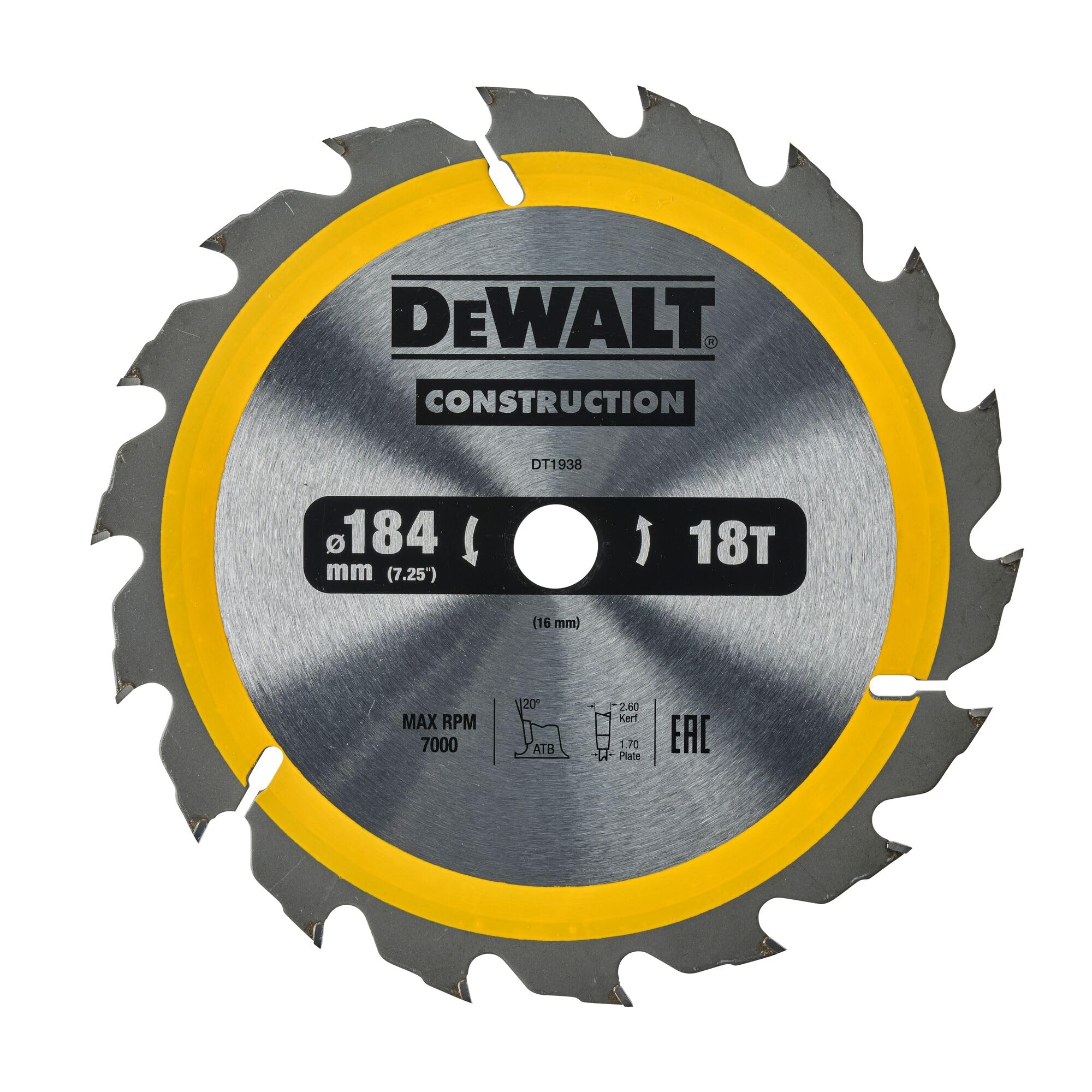 Dewalt Yellow Dt1938-Qz Construction Circ Saw Blade, 184 X 16 Mm