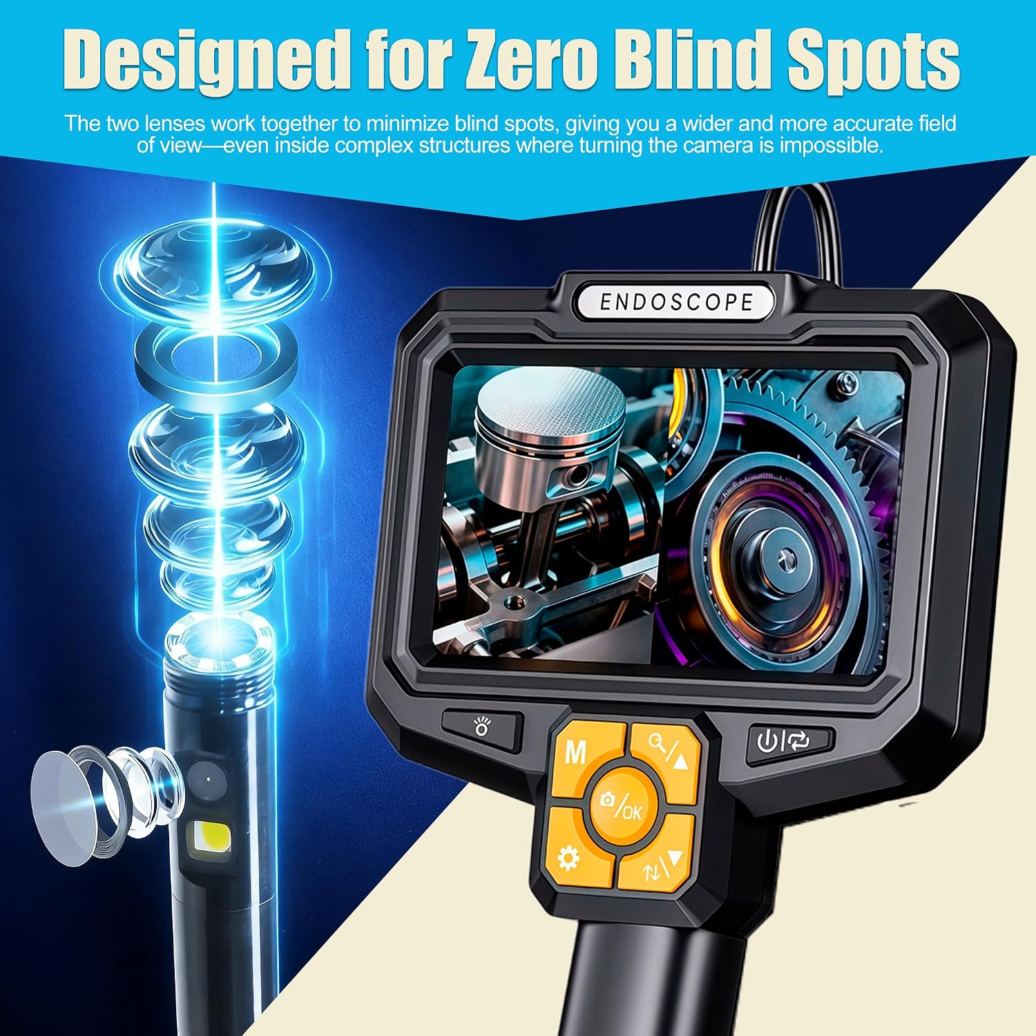 5" Dual-View Handle Endoscope Camera,2MP Front&Side Lens,IP67 Waterproof 5M Semi-Rigid Cable,360° Probe Control,4-Level LED,3X Zoom,Video&Photo Recording,Inspection Camera for Industrial Use,32GB Card