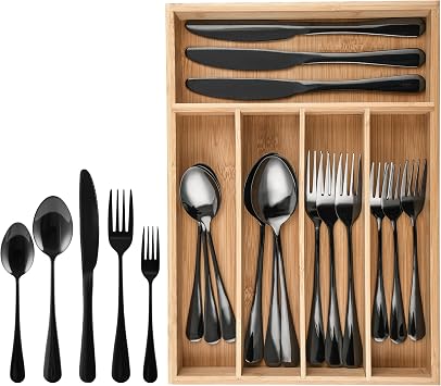 20-Piece Black Silverware Set with Drawer Bamboo Organizer, Heavy Duty Stainless Steel Flatware Cutlery Set, Fork Spoon Knife Set with Kitchen Essentials Organizer, Rust-proof, Dishwasher Safe
