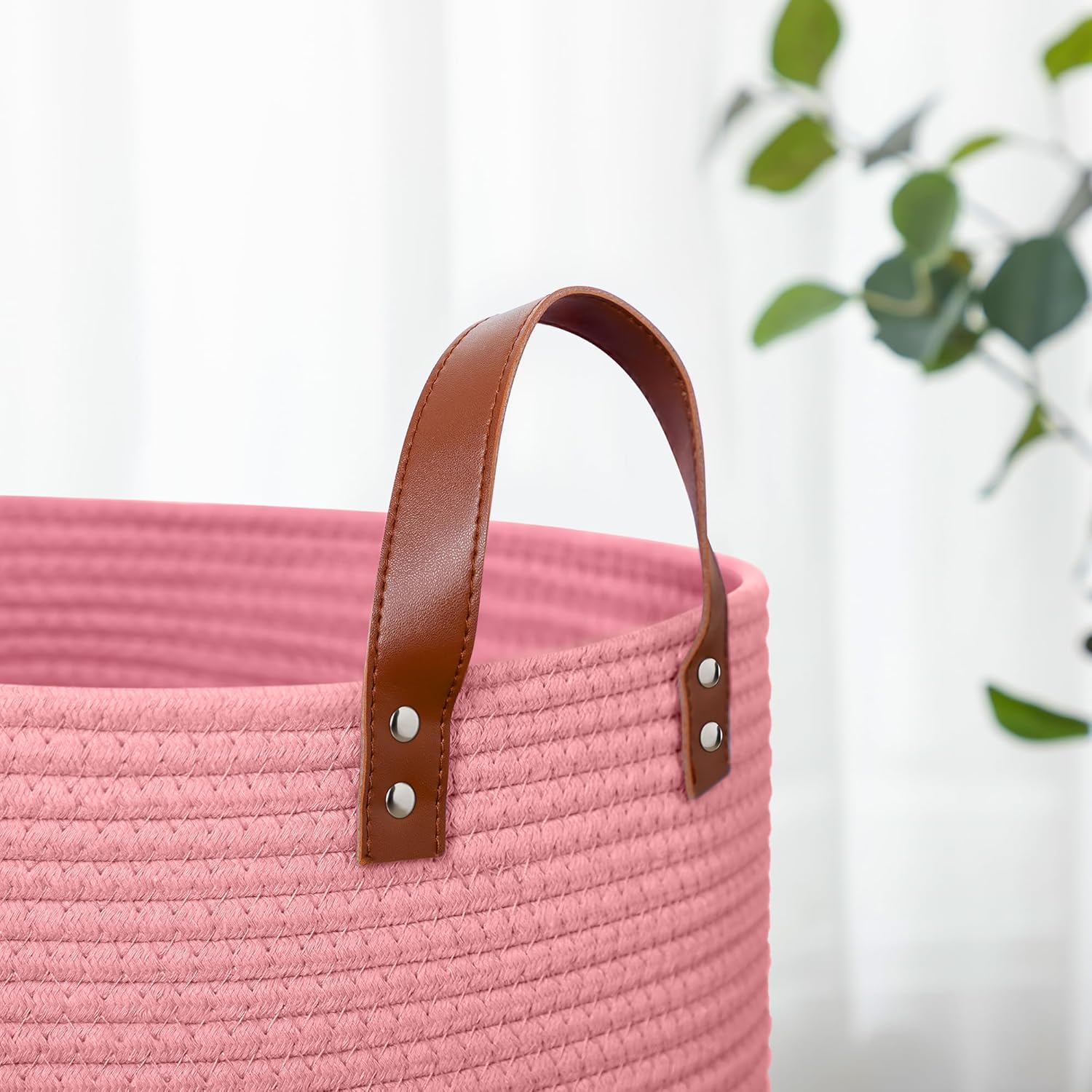80L Large Rope Basket, Woven Rope Storage Basket with Leather Handles, Dog Toy Storage Basket, Bedroom, Nursery Blanket Storage, Bathroom Laundry Basket, 16“x20” Tall Laundry Hamper (Pink)