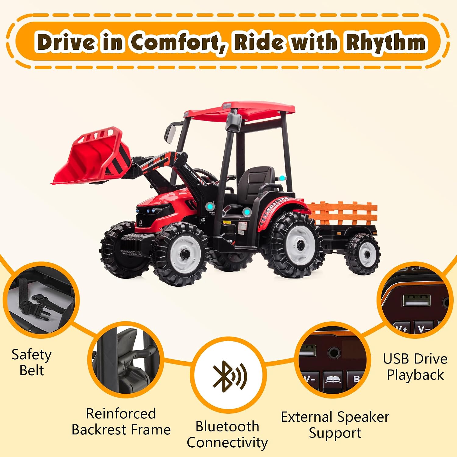 Albott 24V Ride on Tractor for Kids with Trailer & Front Loader, 3-in-1 Electric Construction Vehicle, Dual Motors, All-Terrain Wheels, LED Lights, Outdoor Gift for Boys Girls Ages 3-8 (Red)