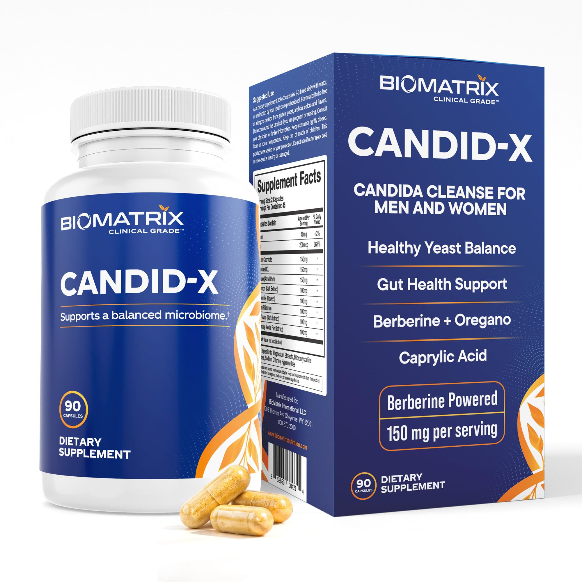 BioMatrix Candid-X Gut Cleanse avec Berberine, Origan, Caprylate de sodium, Camomille, Ginger, PAU D'arco, Supplément digestif pour les hommes et les femmes
