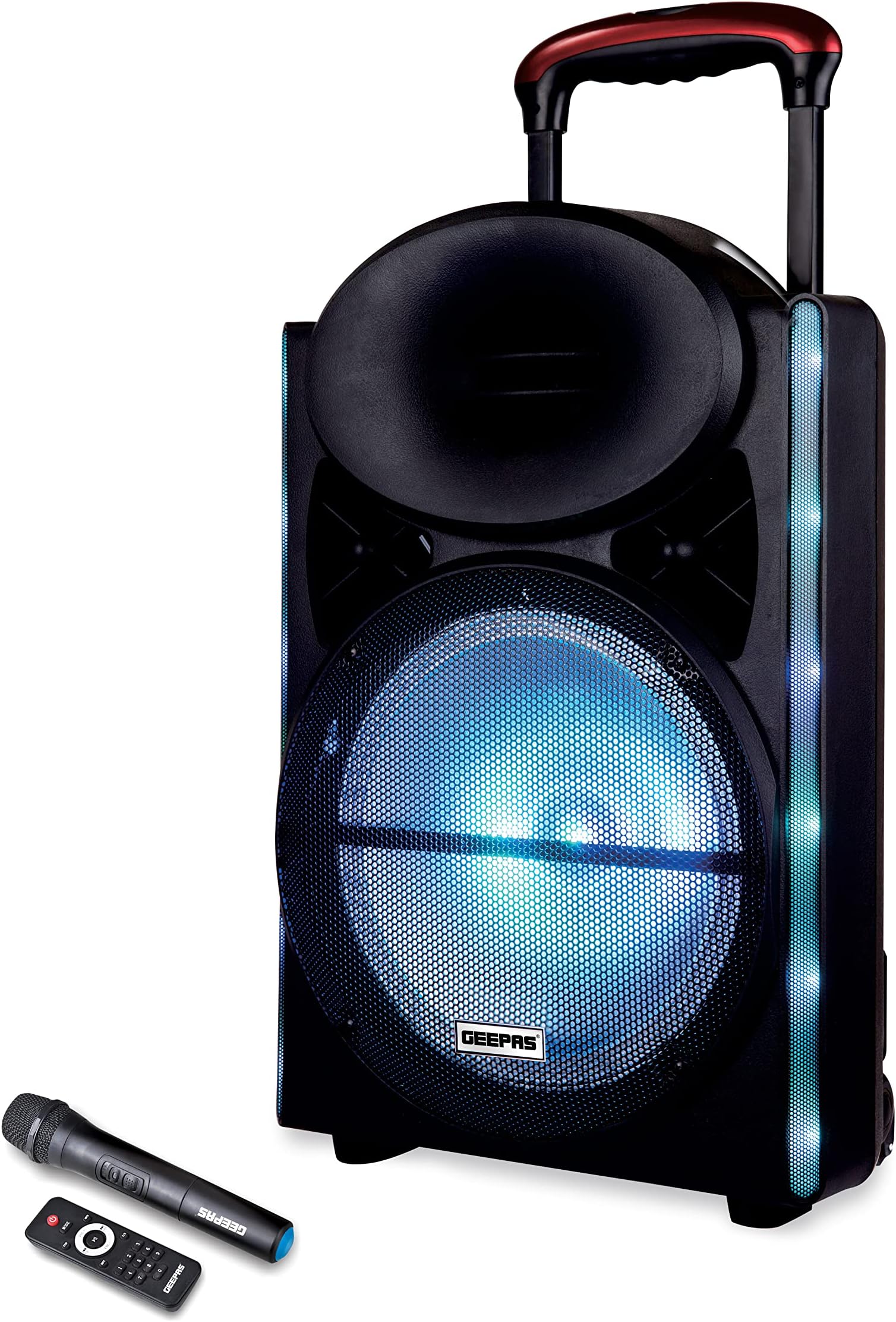 Geepas GMS8567 12 Inch Trolley Bluetooth Speaker Portable Wireless Microphones, Rechargeable Battery Karaoke DJ Speaker LED Lights Trolley Handle, Black