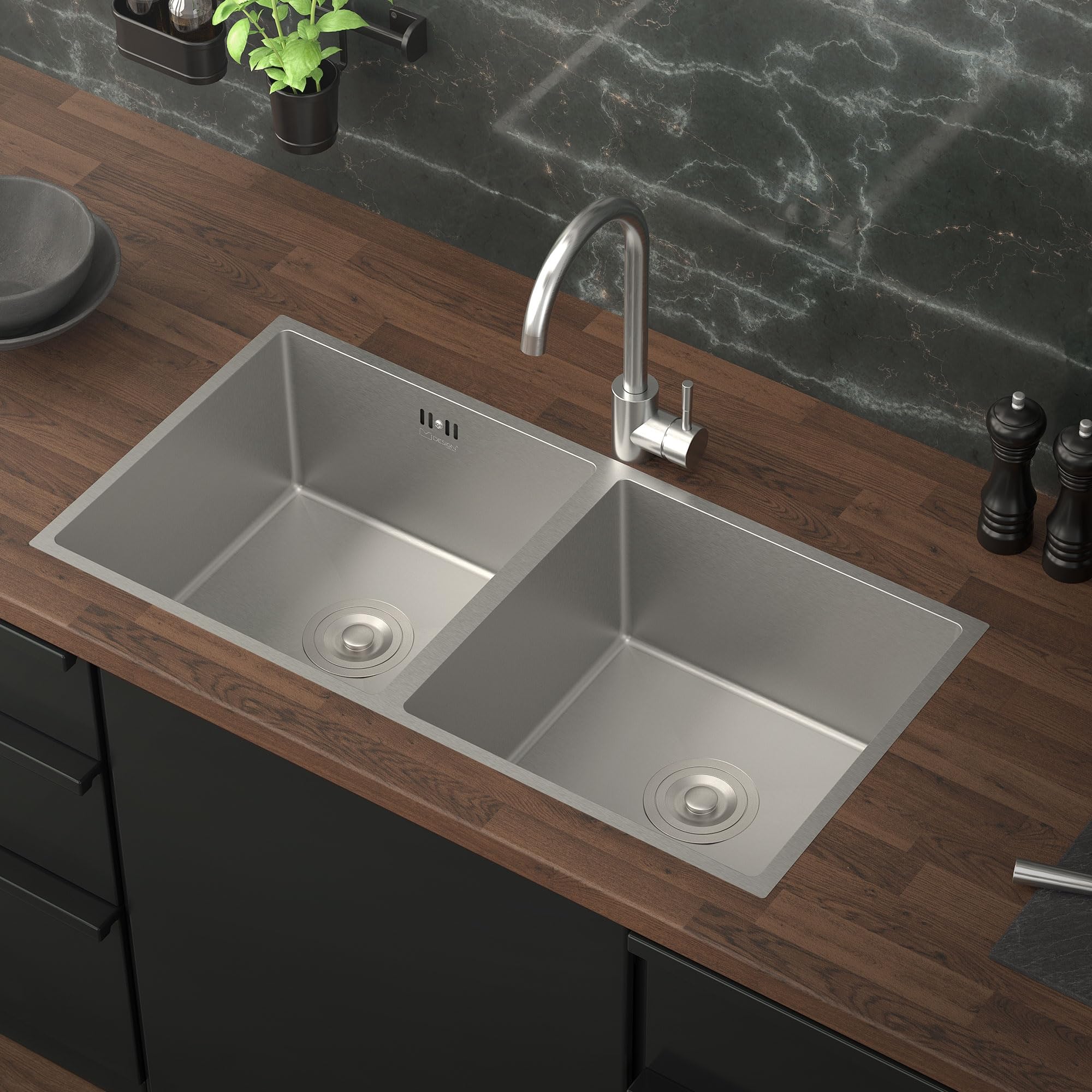 ML-Design Évier Double en Acier Inoxydable, 81,5 x 40 cm, Argenté, avec Vidage et Trop-Plein, Bassin à Encastrer Sous Plan, Rectangulaire, 2 Bacs avec Siphon, Lavabo Encastrable Inox, Cuve Double