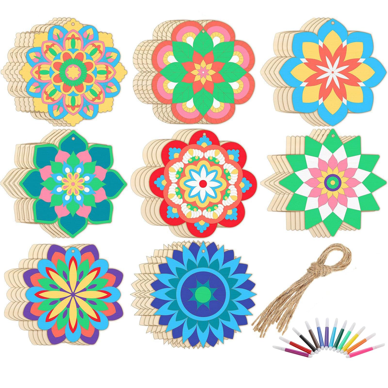 24Pcs Unfinished Wood Mandala DIY Painting Crafts Art Slices with Watercolor Pens and Hemp Rope Flower Window Hanging Ornaments for Home Wedding Party Decor