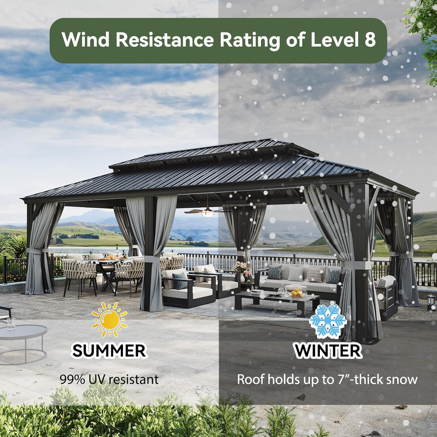 Image showing the gazebo's all-weather capabilities, including UV resistance in summer and snow load capacity in winter