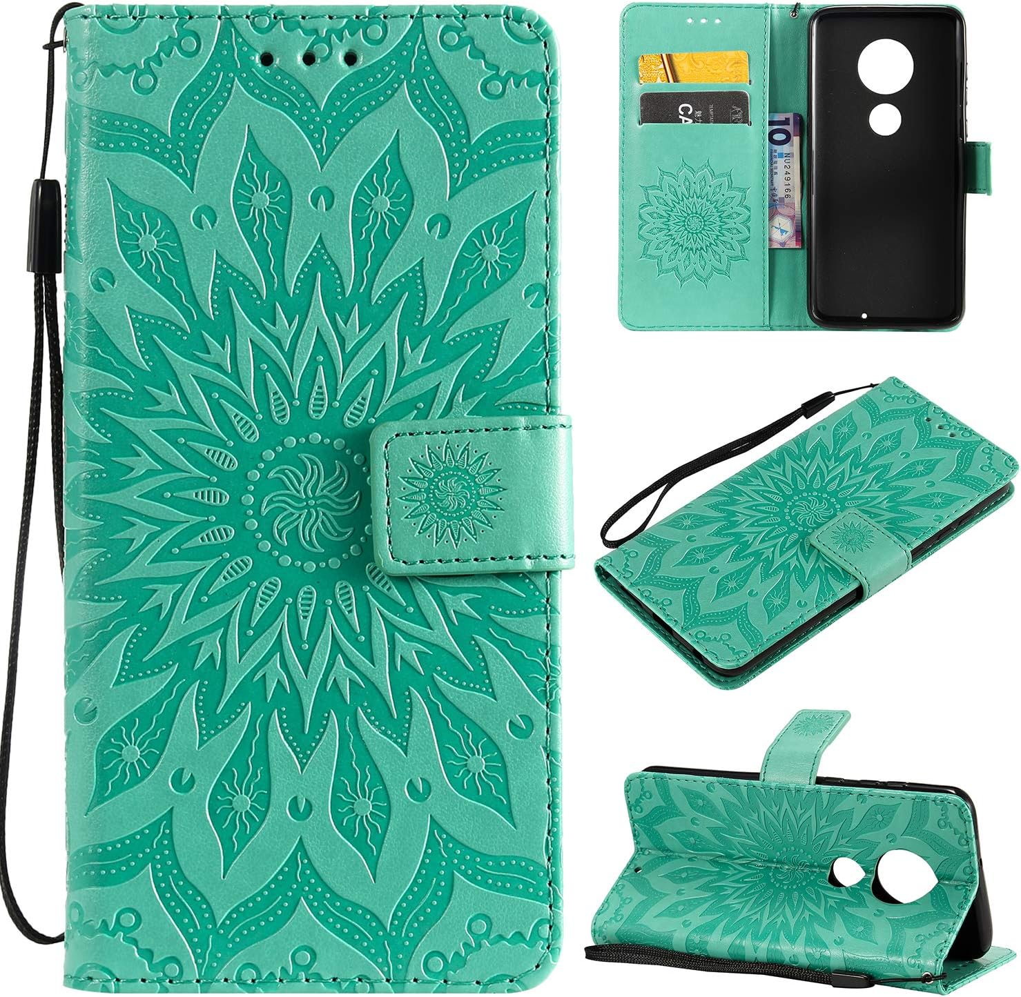 CMEKA Emboss Sunflower Wallet Case for Motorola Moto G7 Plus/Moto G7 Slim 3D Flip Leather Protective Case,Magnetic Closure,Credit Card Slots Holder,Kickstand Function (Mint Green)