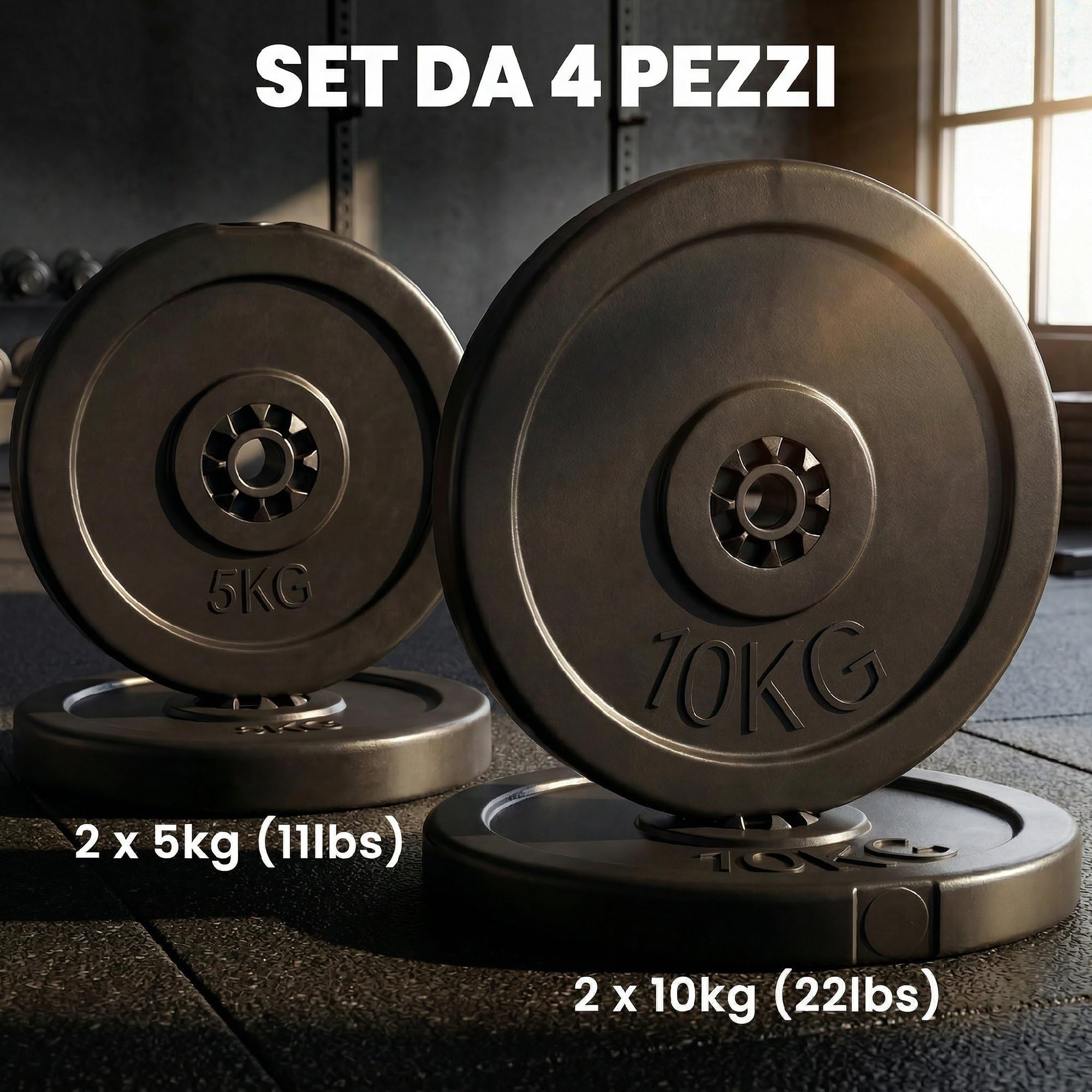 HOMCOM Set di 4 Dischi Pesi per Bilanciere e Manubri Peso Totale 30kg, 2x5kg e 2x10kg, Nero