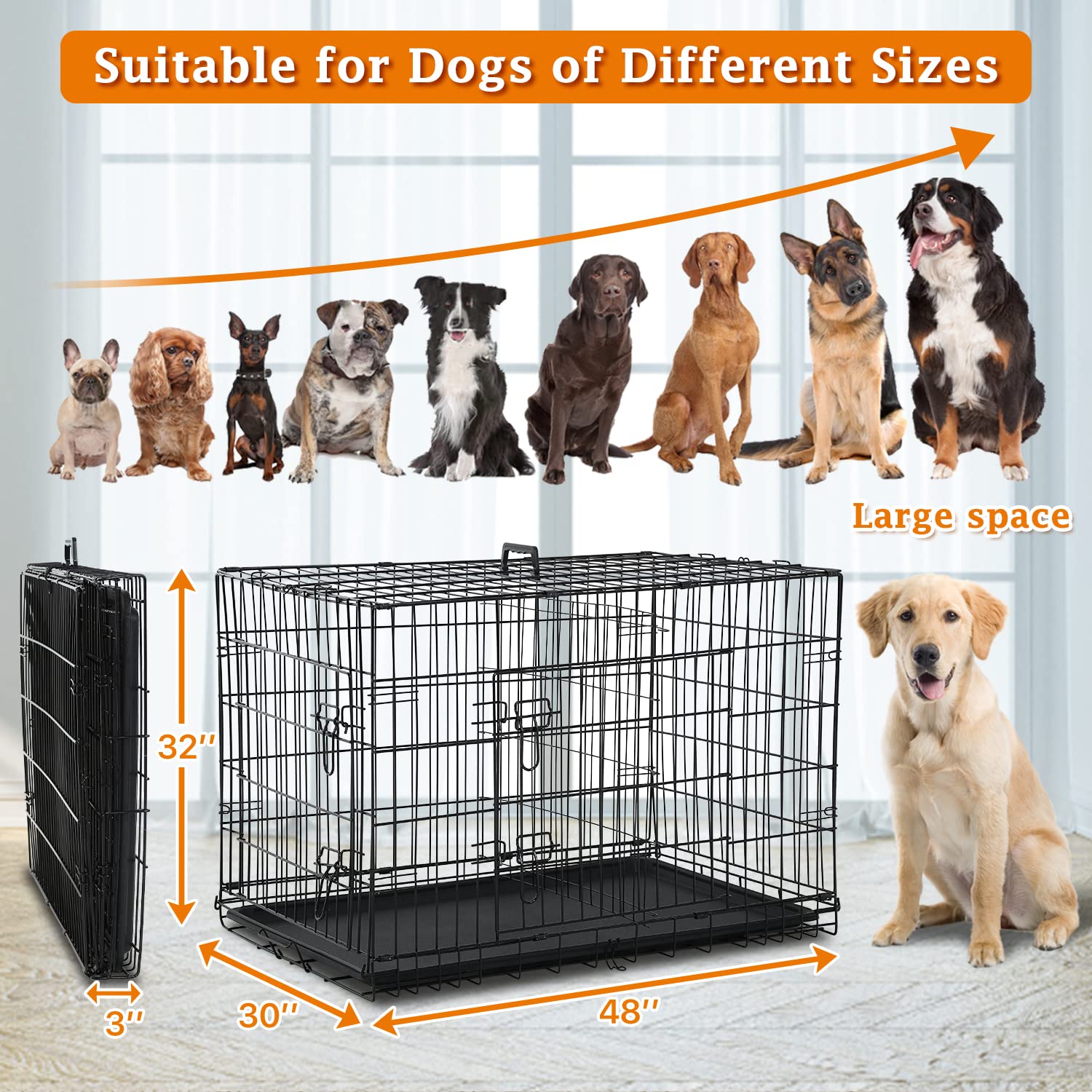 48 inch Large Dog Cage Dog Crate Dog Kennel DoubleDoor Metal Wire