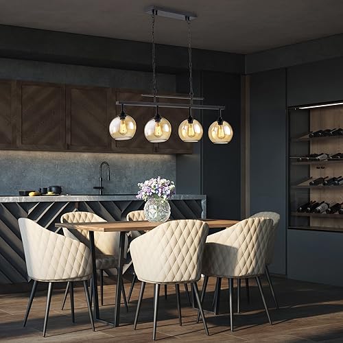 Miniatura 4 de Edvivi Lámpara de araña lineal industrial con pantallas de cuenco de vidrio ámbar, luz de techo negra antigua para isla de cocina, comedor y mesa de