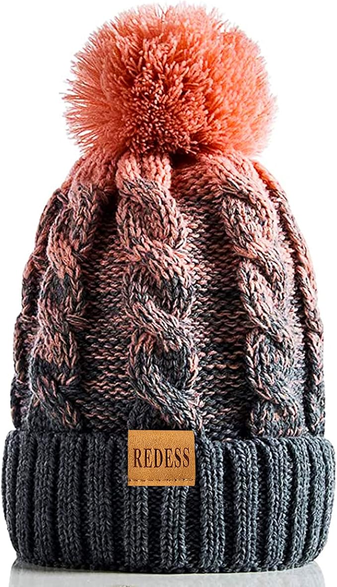 REDESS Women Winter Pompom Beanie Hat with Warm Fleece Lined, Thick Slouchy Snow Knit Skull Ski Cap