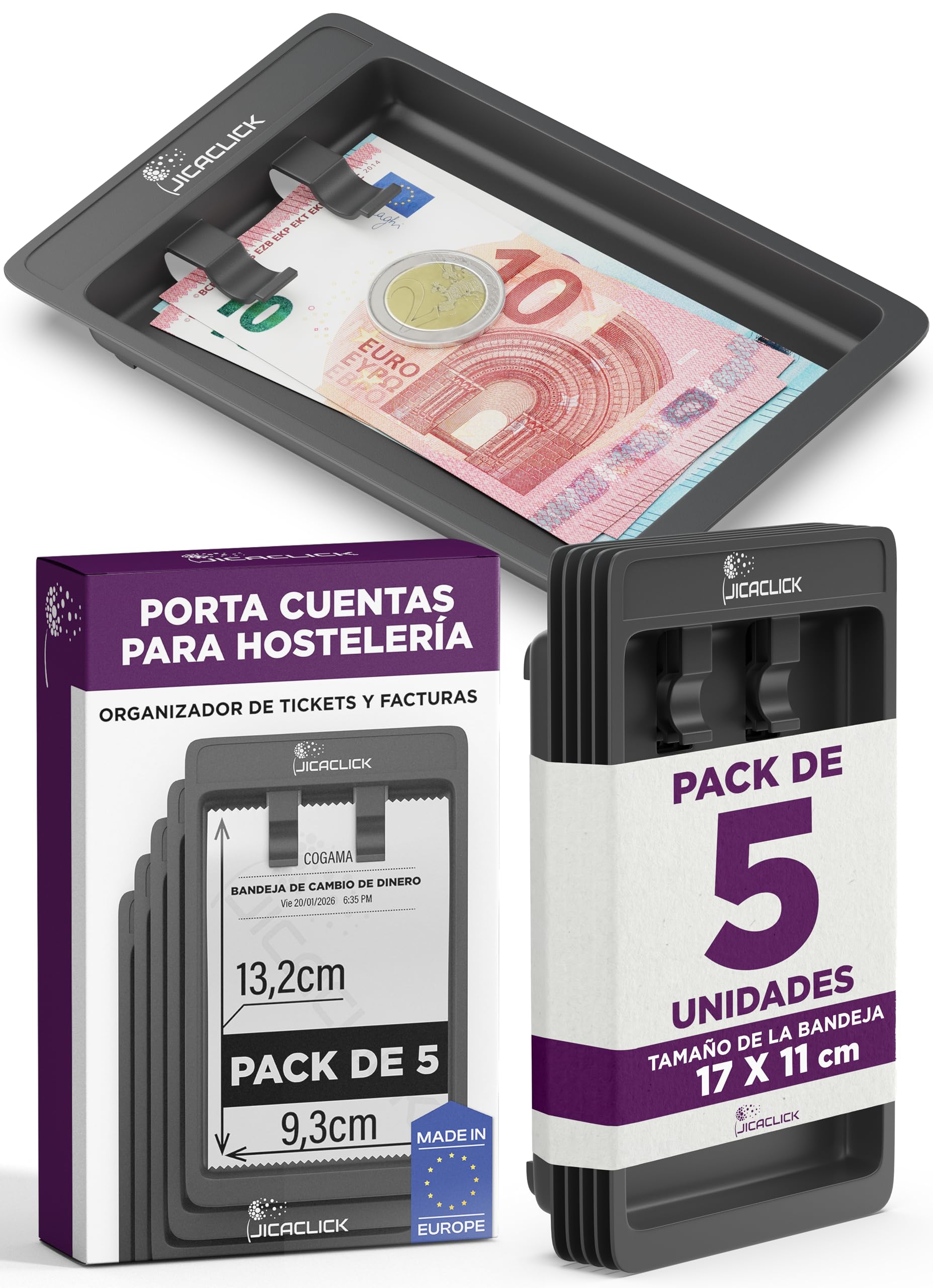 Porta Cuentas Restaurante Pack de 5 Unidades Bandeja de Cambio de Dinero Ideal para Hostelería con Dos Pinzas Flexibles Platillo (Negro)