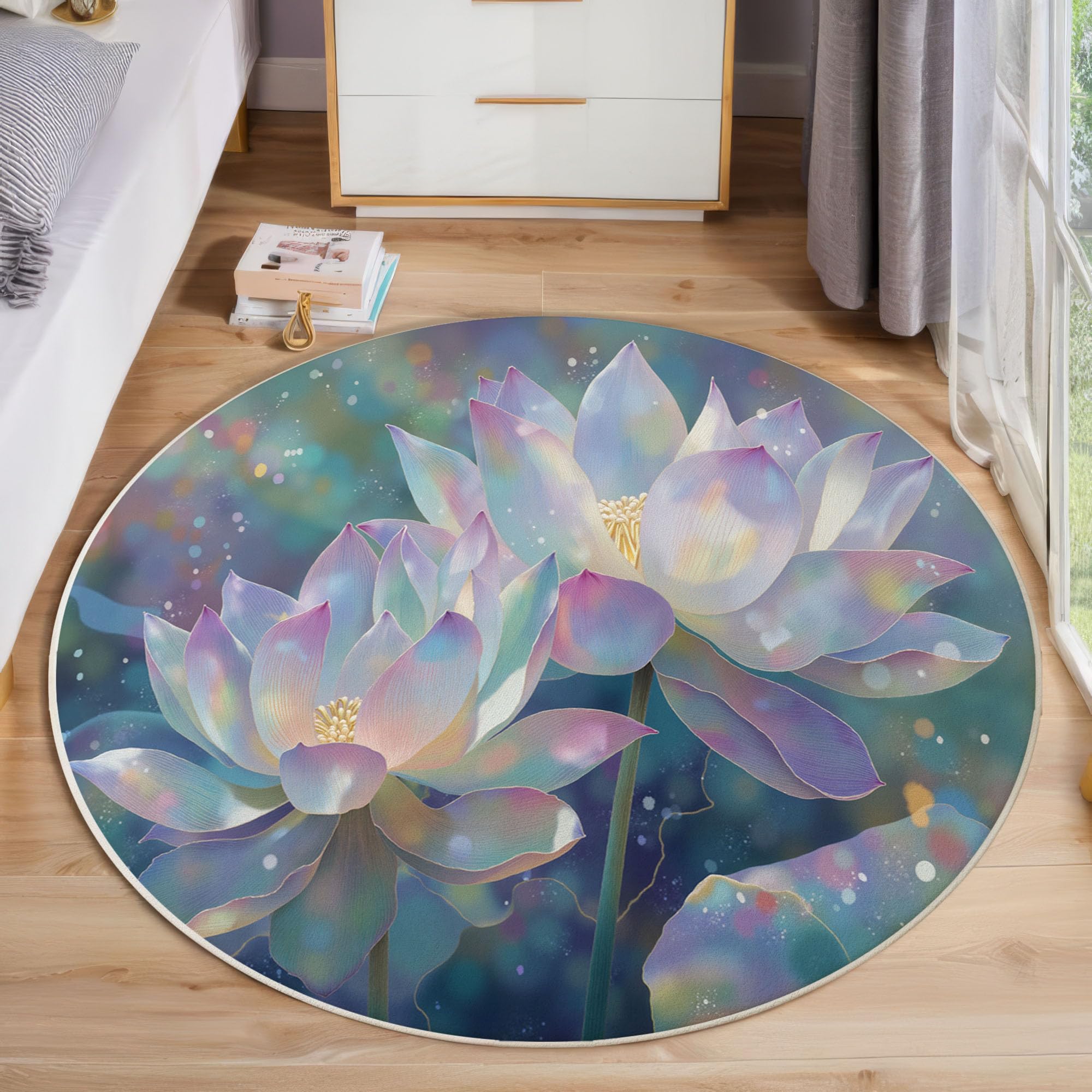 Tapis rond cyan 60 cm lotus - Salon élégant lavable