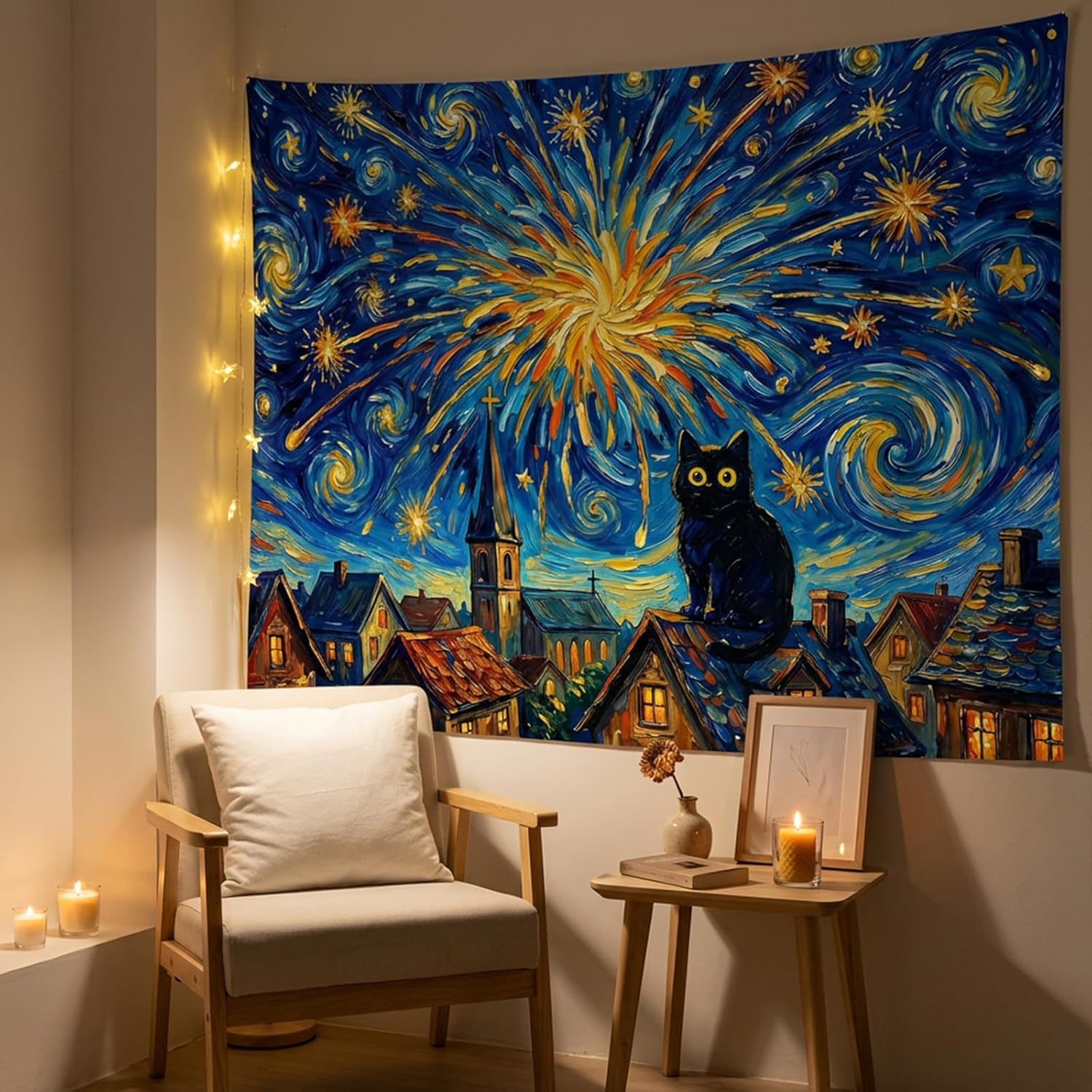 Spenlife Black Cat Starry Night Tapestry, Van Gogh Style Oil Painting Wall Decor, Whimsical Impressionist Art for Bedroom (90" x 70")