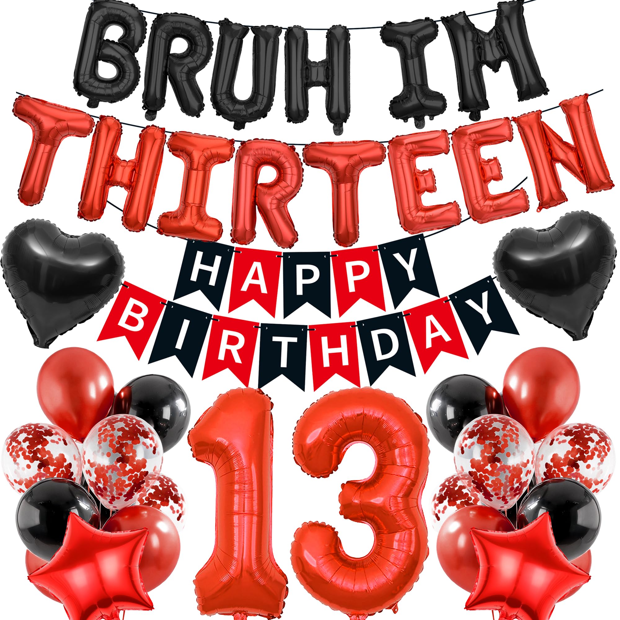 13th Birthday Decorations Banners Boy - 39 Pcs Black and Red Happy Birthday Banner BRUH I'M THIRTEEN Star Heart Number 13 Foil Balloons Decoration Sequin Balloons for 13 Years Old Boys Party Decor