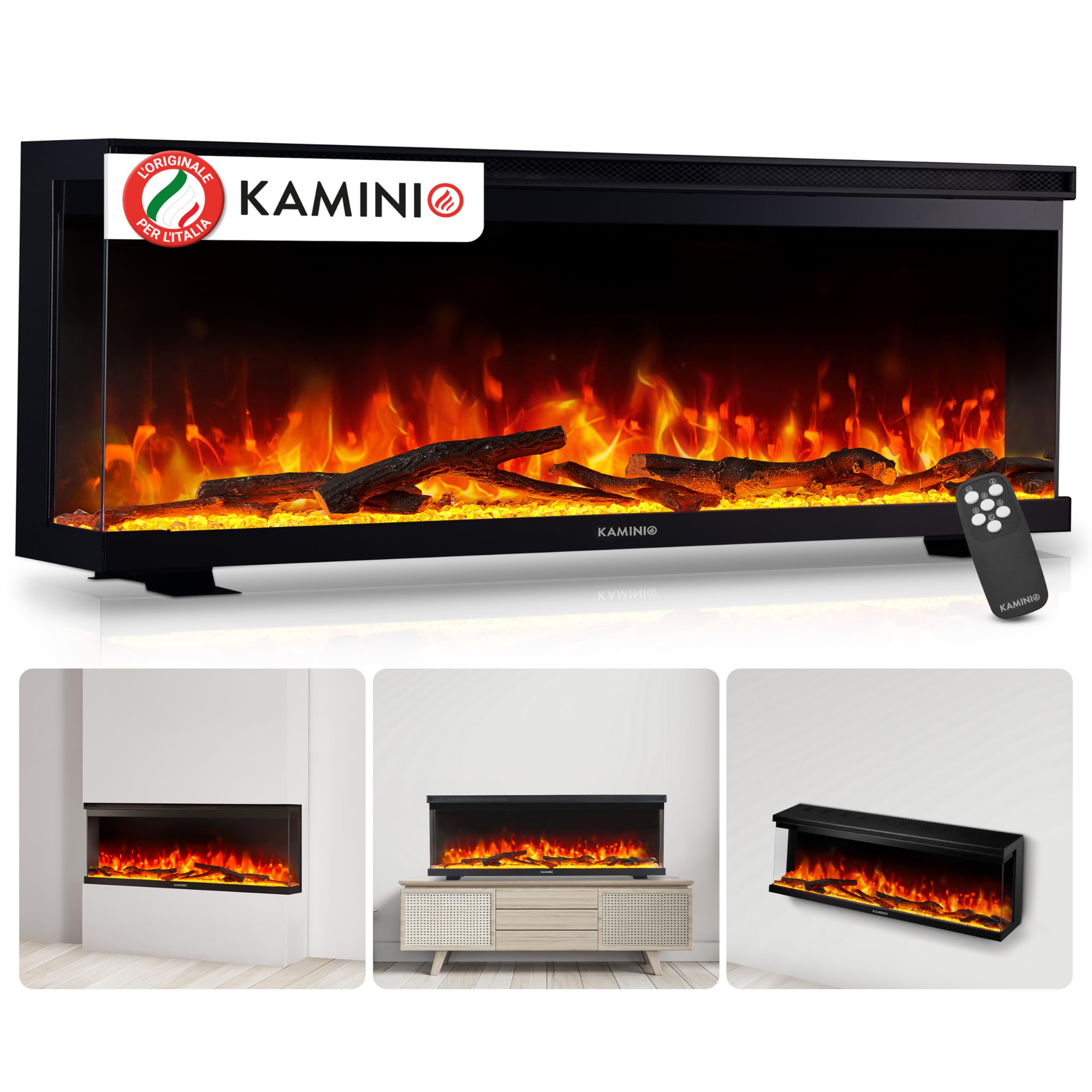 KAMINIO Camino elettrico LEA - Caminetto 3-​in-​1 con vista panoramica, riscaldamento, effetto fiamma 3D, 12 colori di fiamma, telecomando (50 pollici)