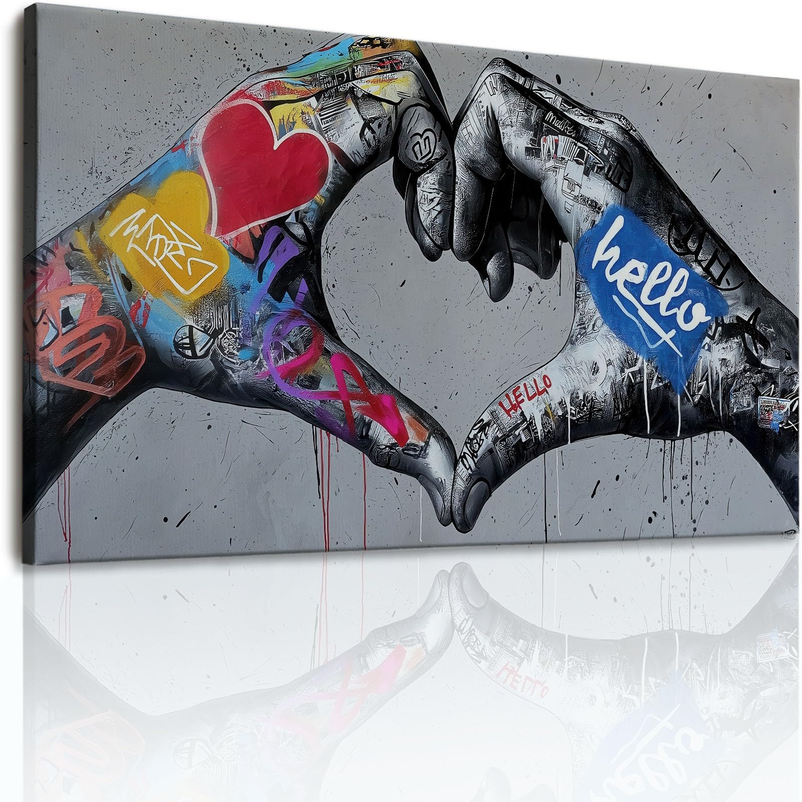 Stampa artistica da parete su tela con mani a forma di cuore e graffiti, stampe su tela per soggiorno, camera da letto, ufficio, grigio impermeabile, per bagno, 99 x 50,8 cm, senza cornice