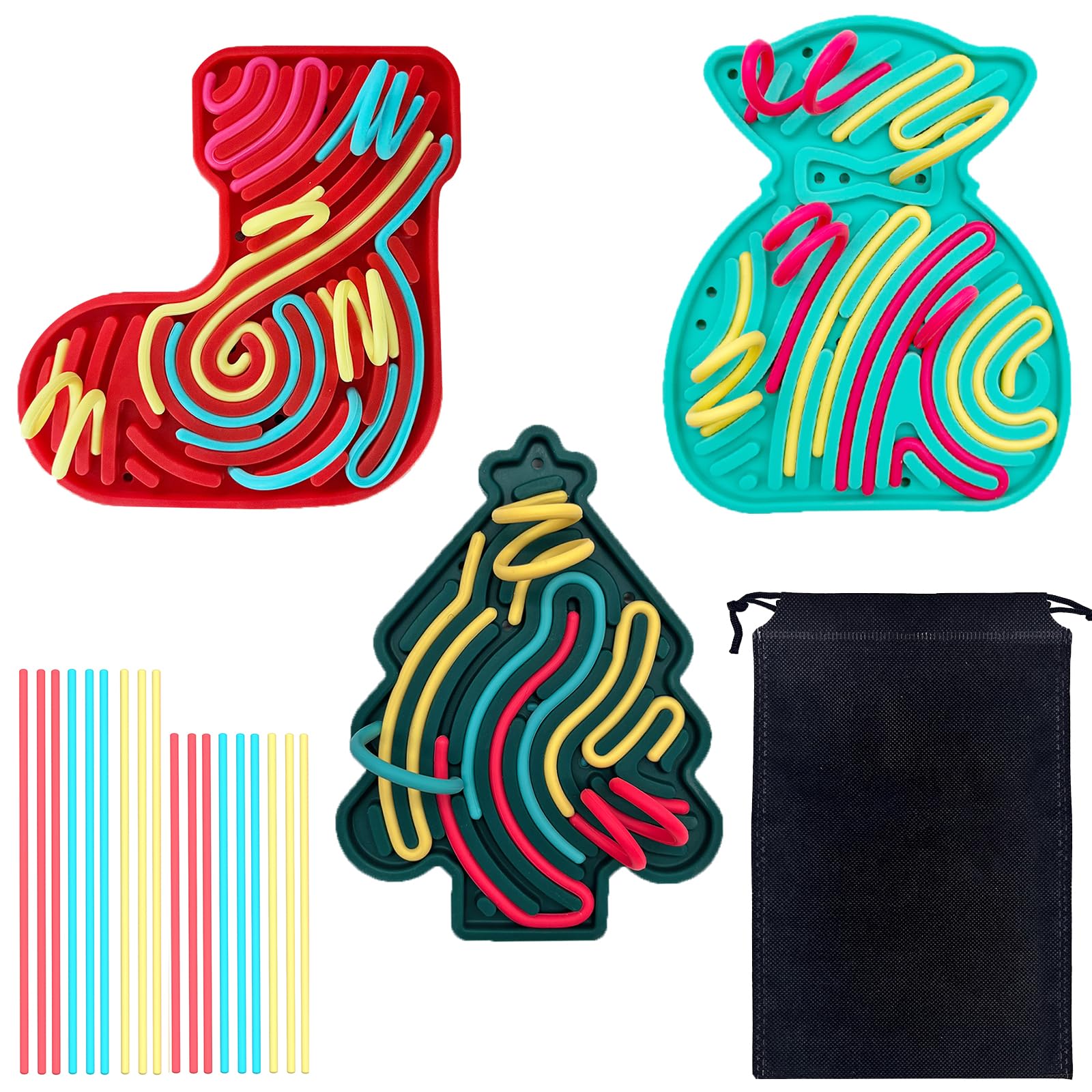 Albiuev Christmas Sensory Activity Board Set, 3PCS Silicone Fidget Toy for Calming, Focus, Anxiety, ADHD, Autism Sensory Toys with 54 Strings, Chirstmas Prizes Stocking Stuffers Gifts for Kids 3+