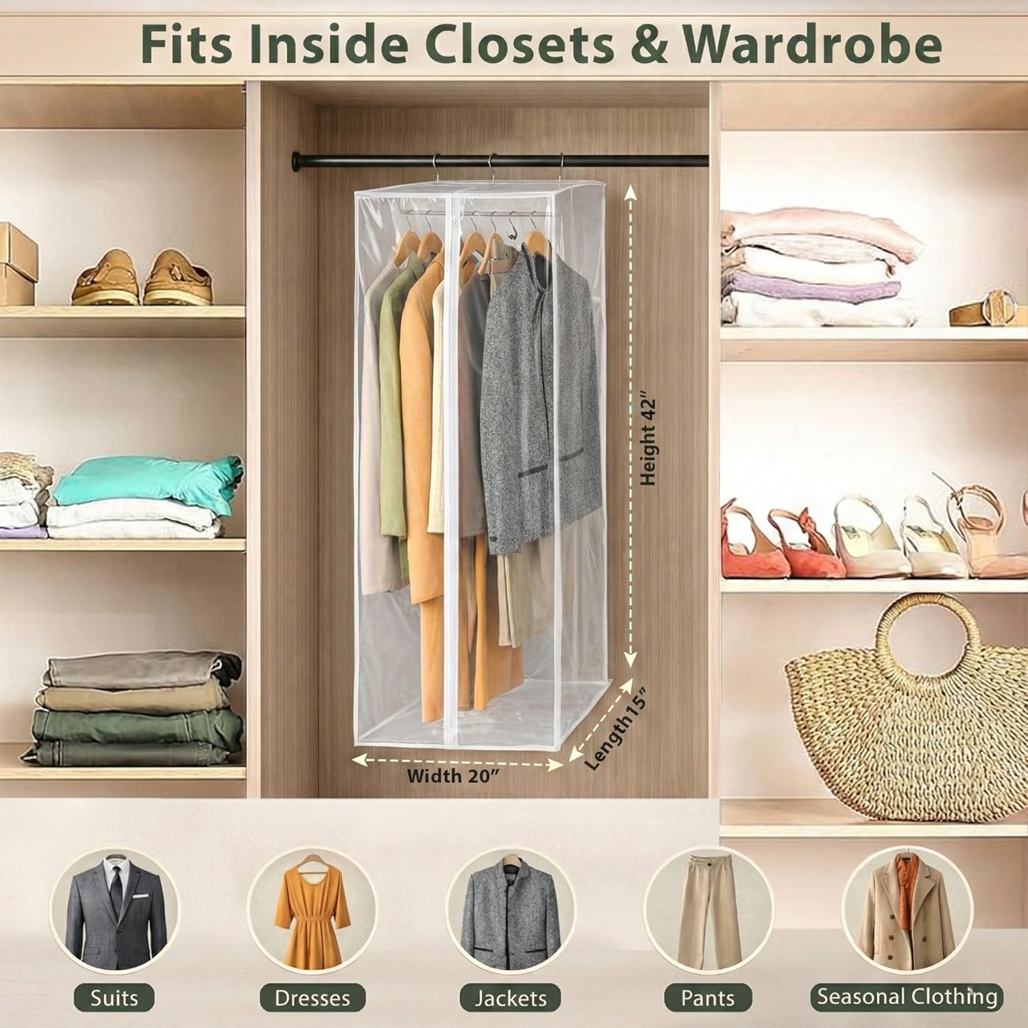 Clear Garment Bag, 42" Hanging Zippered Closet Organizer with Metal Frame – Protects Dresses, Suits & Jackets from Dust and Moisture