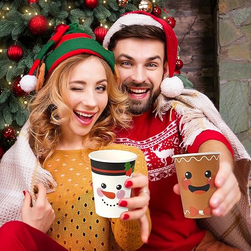 Miniatura 6 de 100 vasos de papel de Navidad de 12 onzas con tapas, tazas de té desechables de Navidad para bebidas frías, chocolate caliente, chocolate caliente,