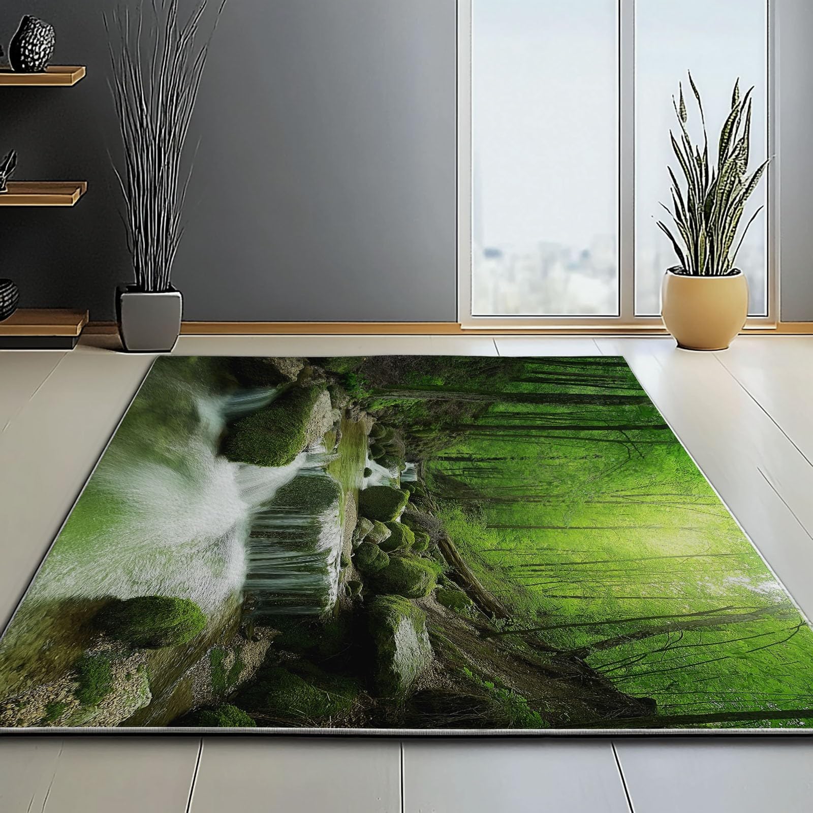 Lavabile in Lavatrice Tappeto per Soggiorno Camera da Letto Ufficio Decorazione 120 x 180 cm, Natura Paesaggio Foresta Ruscello Tema Flanella Tappeti con Supporto Antiscivolo, Verde