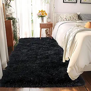 2 x 6 Runner Rug - Non Slip Washable Hallway Fluffy Rug with Rubber Backing - Fluffy Rugs for Bedside Dorm - Black